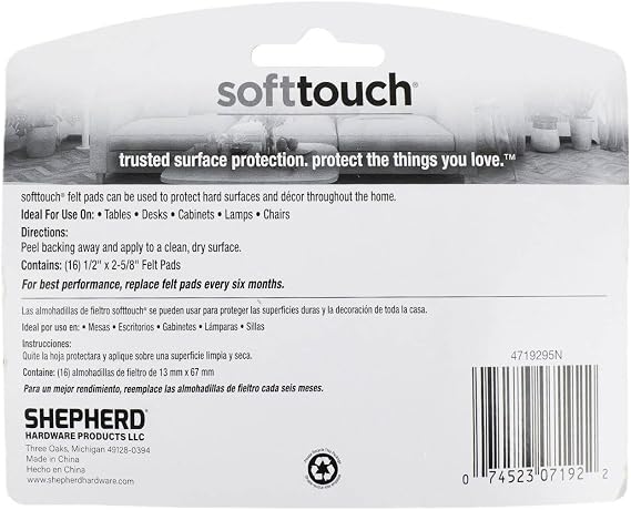 SoftTouch Self-Stick Heavy Duty Felt Strips for Hard Surfaces (1/2 x 2-5/8), (16 piece) - Oatmeal