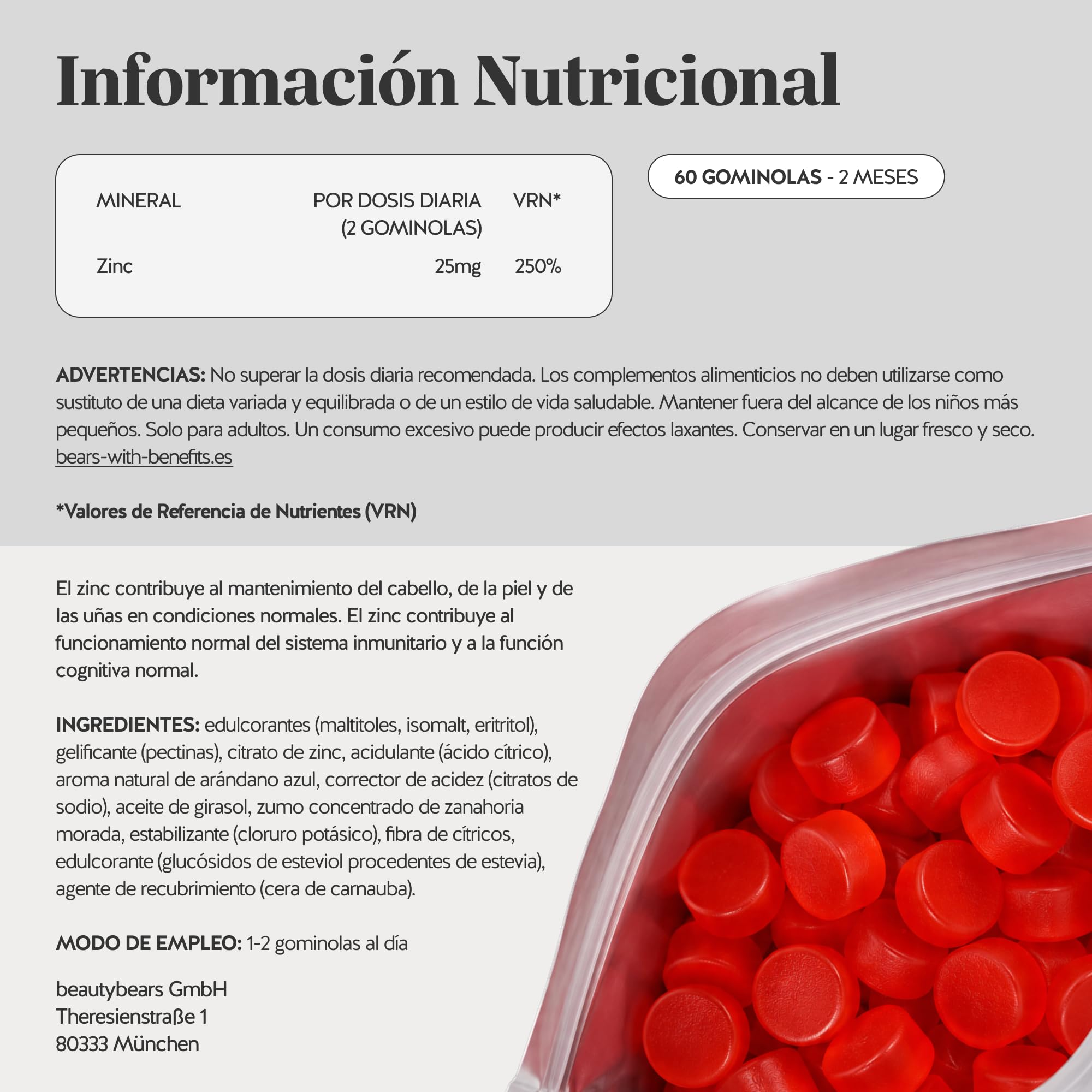 Bears with Benefits - Gominolas Zinc - Pelo & Uñas - 60 unidades | Zinc 25 mg - Zinc - Cura de 2 meses - Sin Azúcar, Vegano
