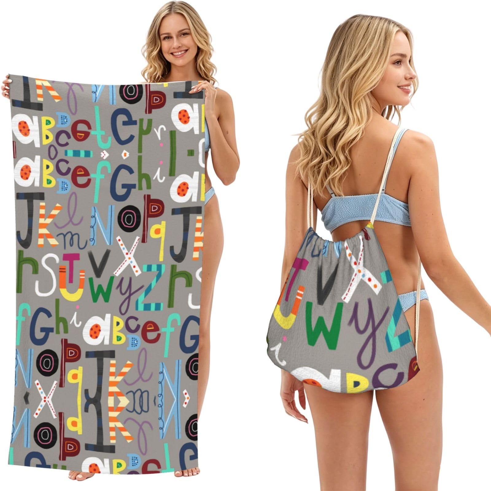 ESNAIUVCD Lovely Cartoon English Letters Print Beach Towel For Adults,Towel With Drawstring Bag, Travel Pool Swimming Sports Shower Sand Free Quick