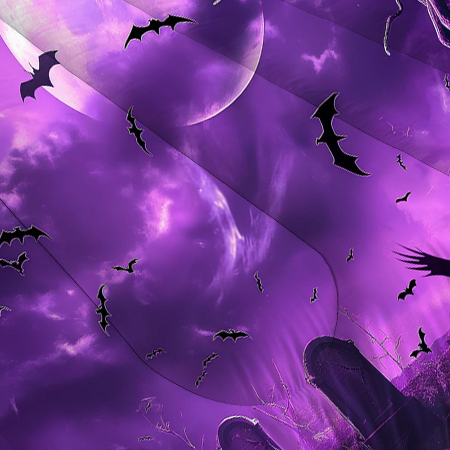 Halloween Theme Quilt Set Twin 3 Pieces, Purple Quilts Bedding Set Eerie Moon Bat Graveyard Bedspread Bed Cover Lightweight Spring Summer Beds Coverlet for All Season - 68"X90"