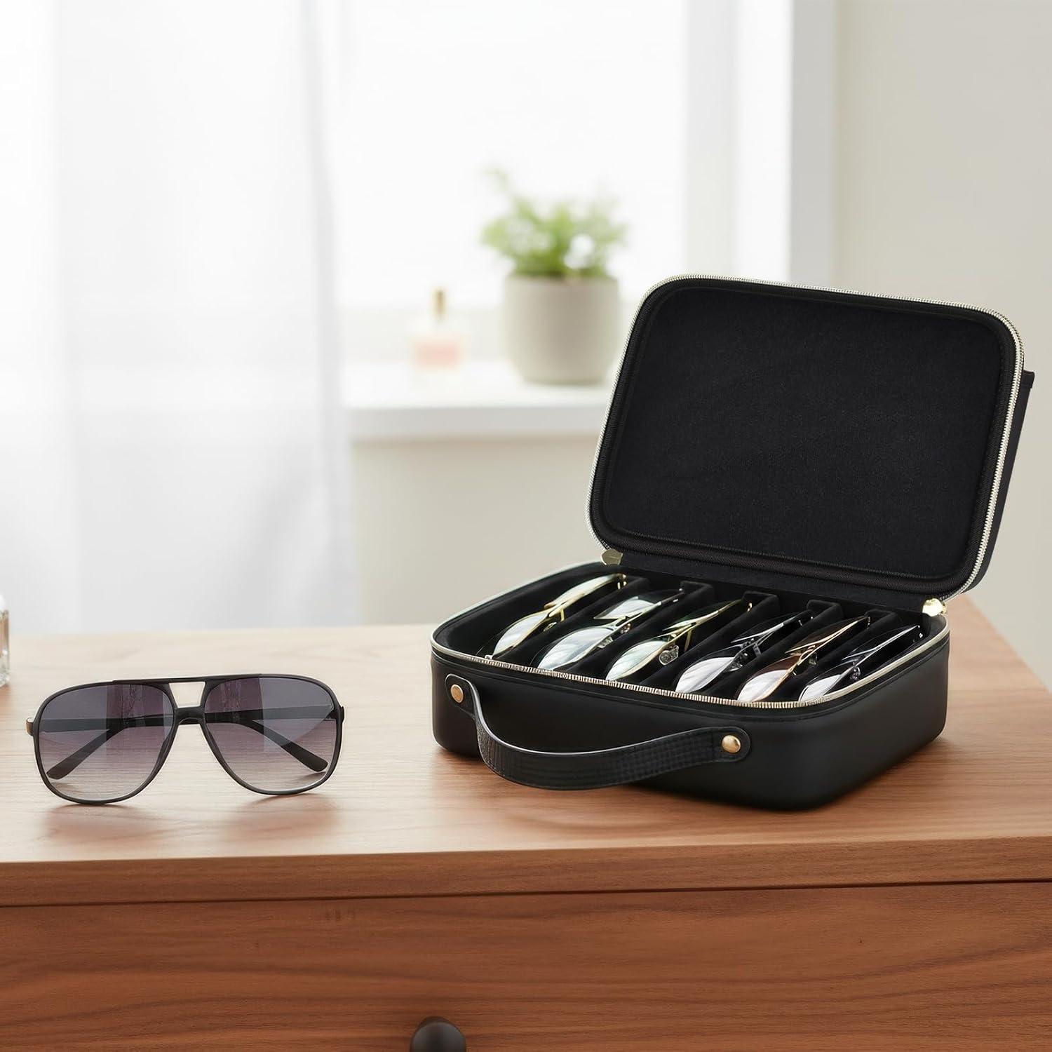 Travel Sunglasses Organizer Case with Adjustable Dividers for 6 Pairs-Portable Eyeglasses Storage Box for Men & Women