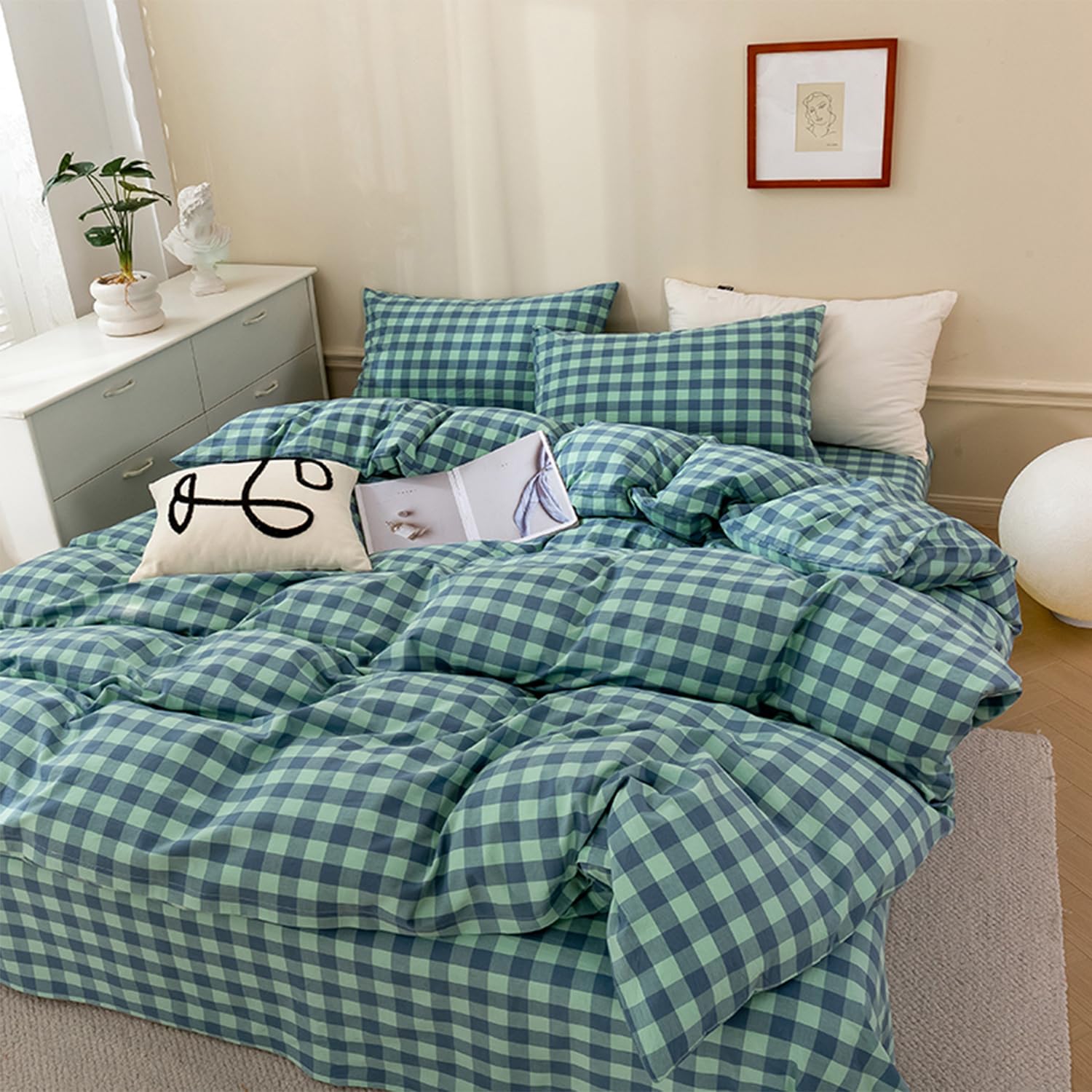 EAVD Vintage Green&amp;Blue Plaid Duvet Cover Set Twin 100% Cotton 3-Piece
