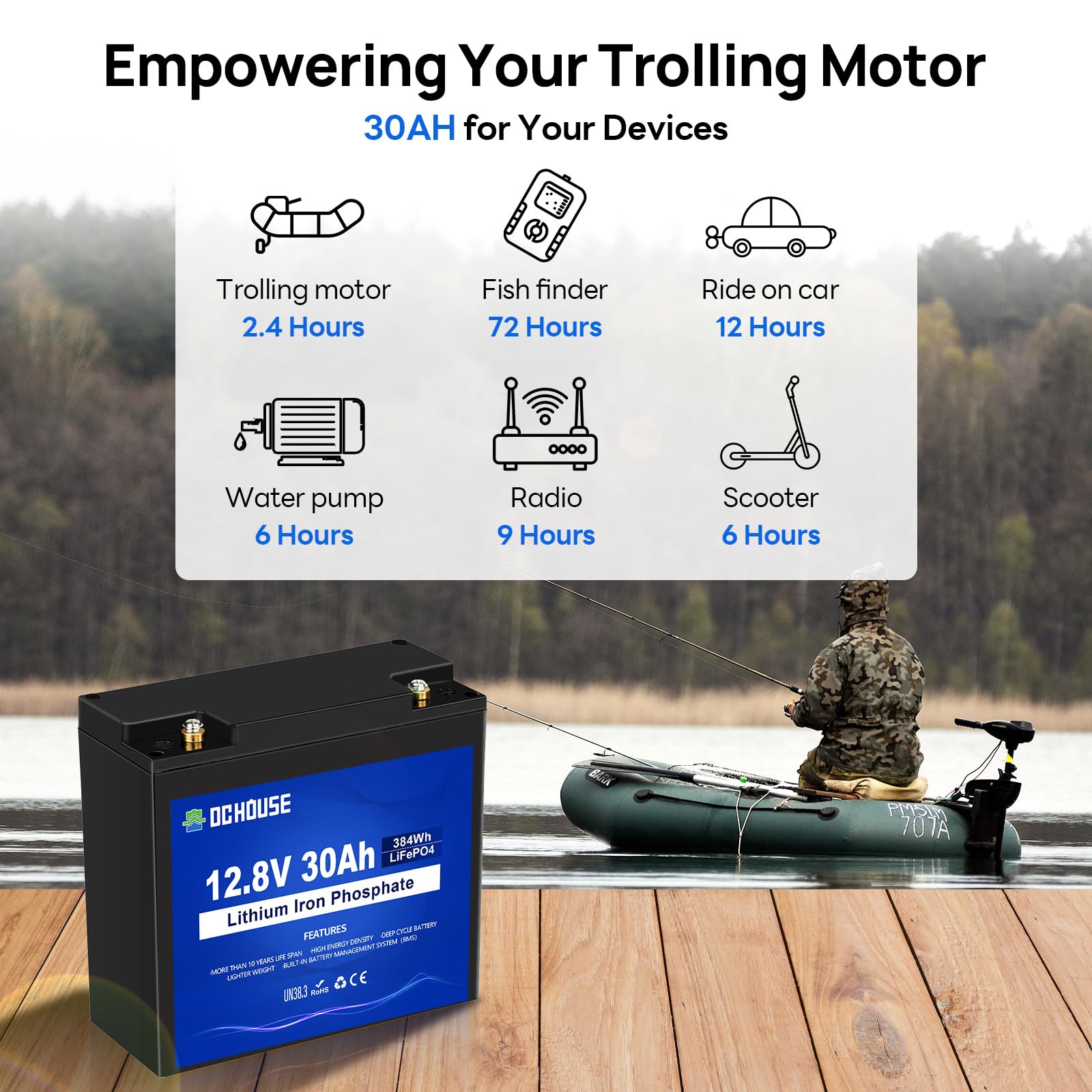 DCHOUSE 12V 30Ah Mini Batterie au lithiumavec Chargeur pour Batterie LiFePo4 12V 5A, Max 15000 Cycles et Protection BMS 30A, idéale pour Les sondeurs de pêche, Les Moteurs de traîne, etc