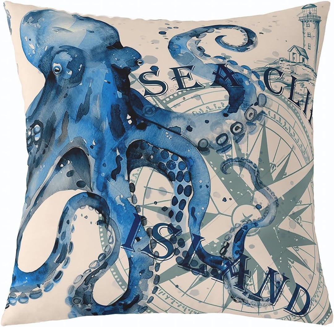 Feelyou Pack of 4 Ocean Decorative Throw Pillow Covers, Soft Seahorse Square Cushion Case Set for Couch Sofa Bedroom Living Room, Octopus Starfish Beach Pillow Cases Pillowcases, 18x18 Inches