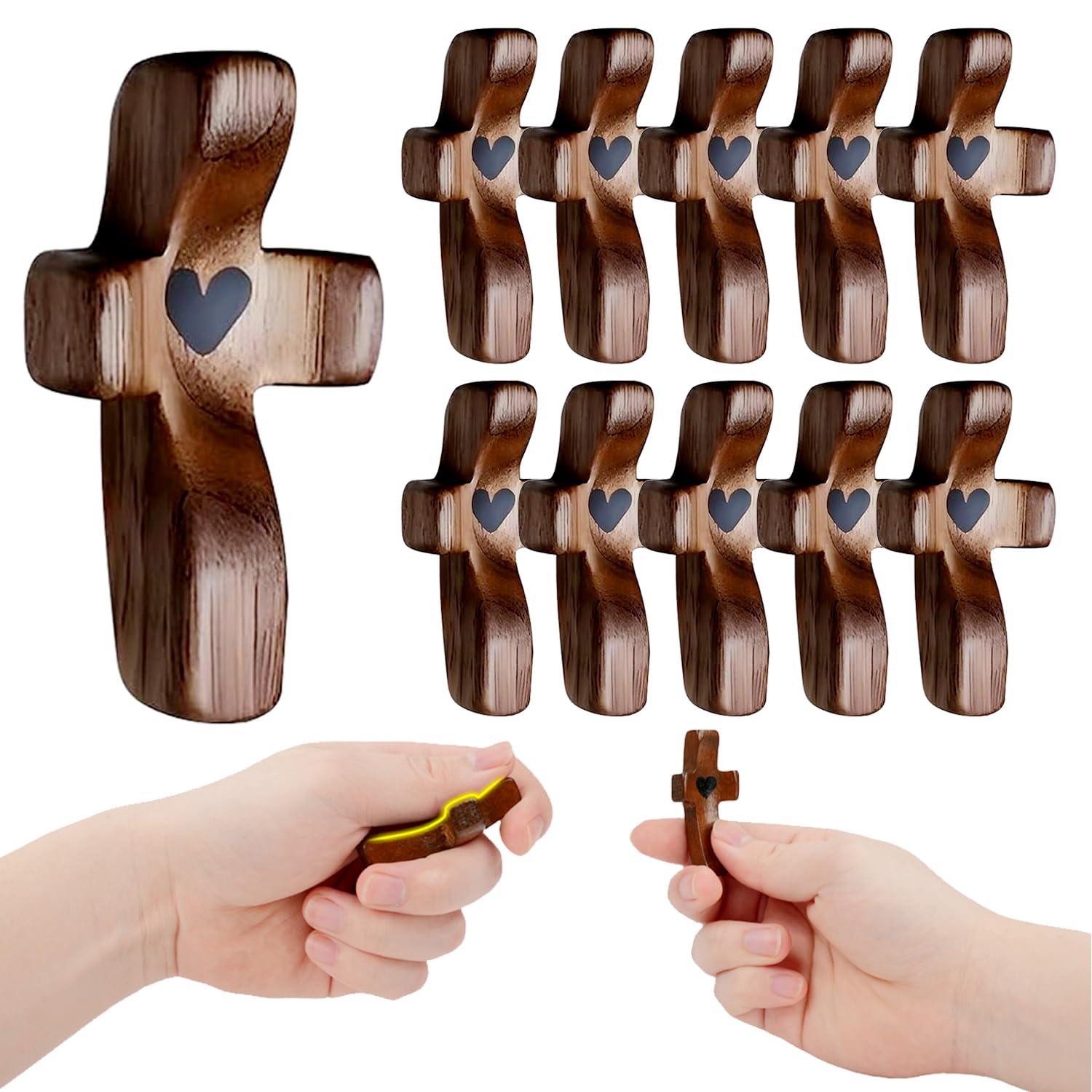 10pcs Wooden My Heart Thumb Cross with Heart,Handmade Handheld Pocket Cross,Anxiety Relief Stress Reduction Prayer,Christian Religious Gift for Prayer