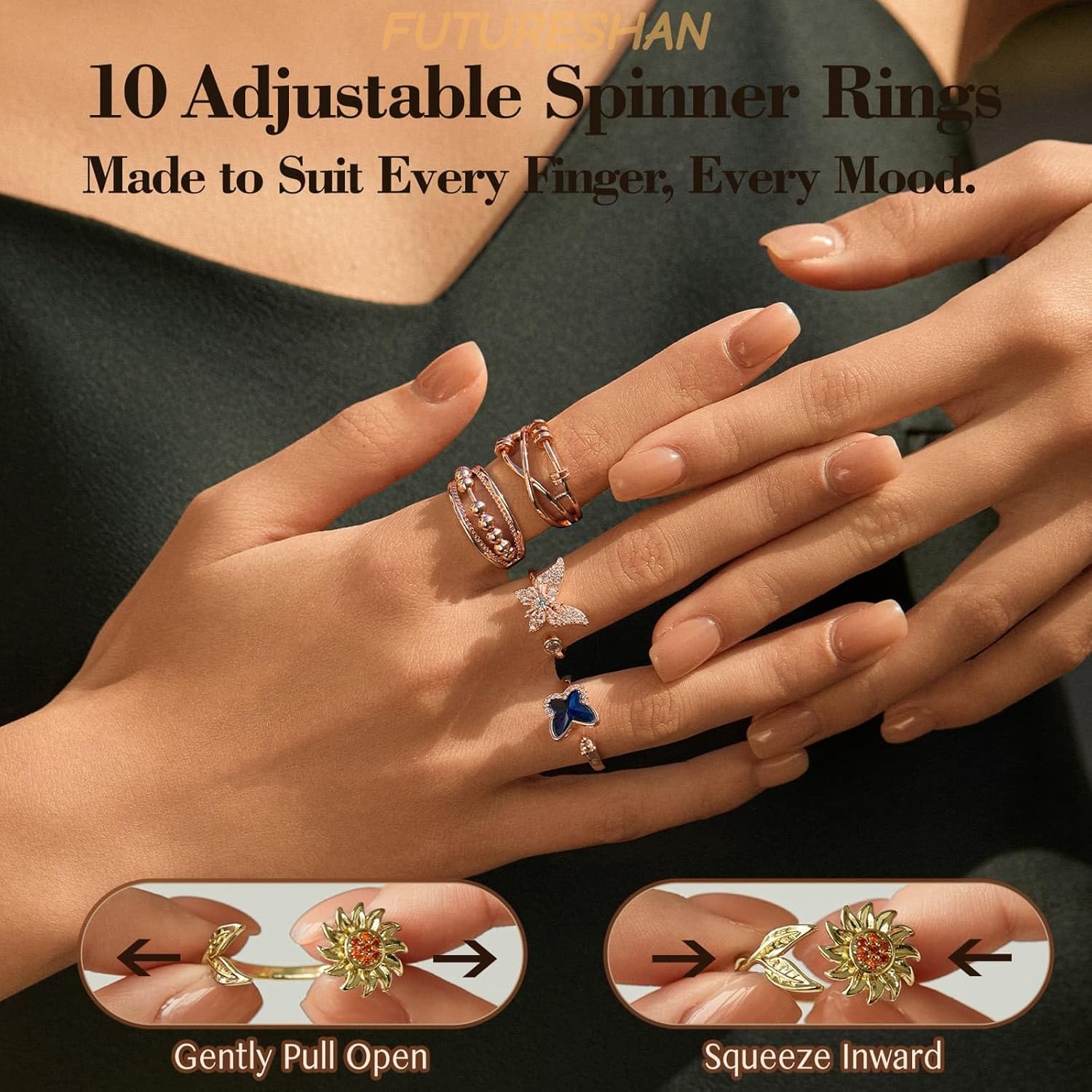 10Pcs Fidget Anxiety Rings for Women Adjustable Spinner Ring Gifts for People With Anxiety Moon Sun Butterfly Galaxy Daisy Flower CZ Stress Relief Calm Rings Jewelry 14K Gold/Silver/Rose Gold Plated