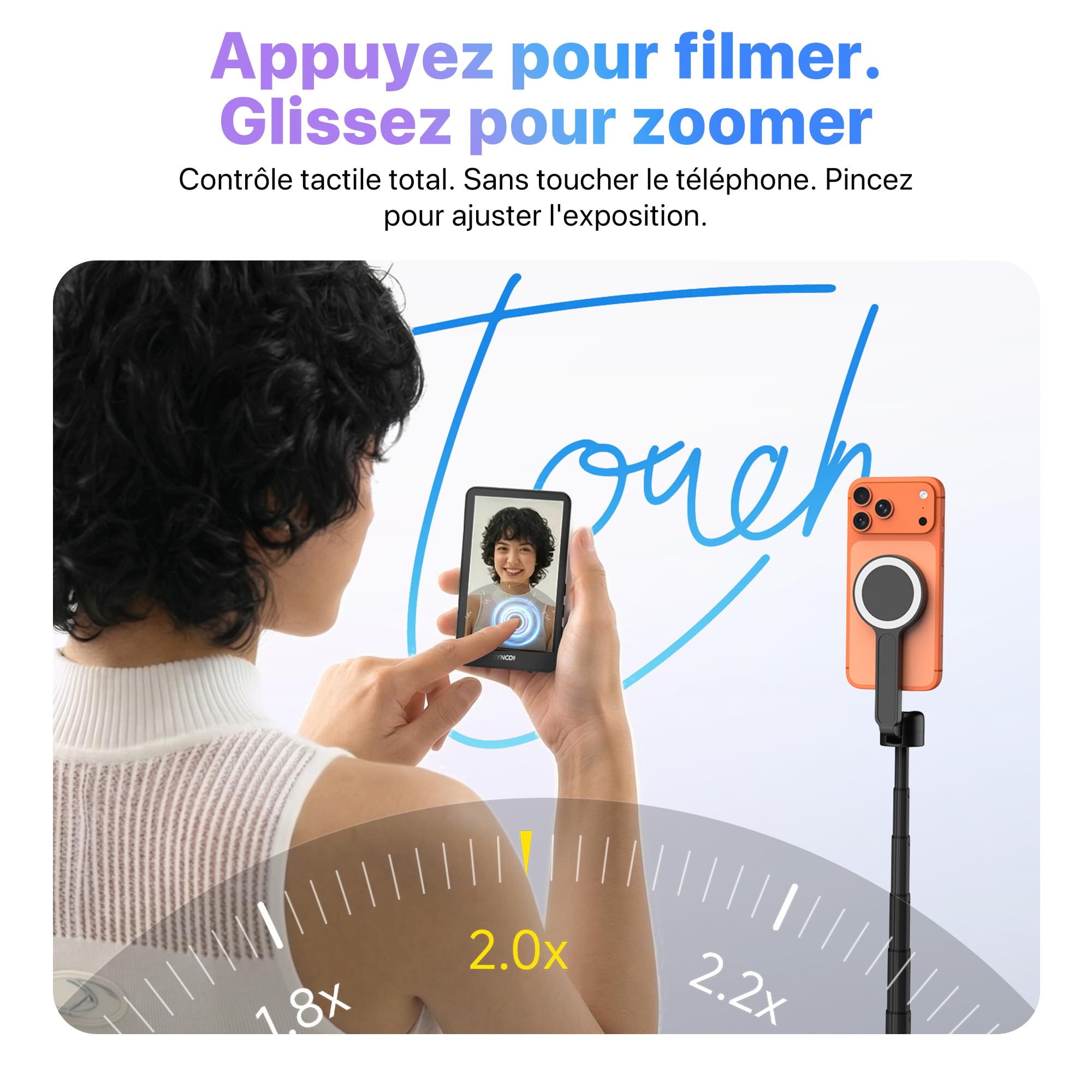 SYNCO XView Écran Moniteur Selfie Vlog avec Écran Tactile pour iPhone 7-17 & Samsung, Caméra Arrière Magnétique 4K/1080p 3H et Haut-Parleur Intégré pour Youtube, TikTok (Noir)