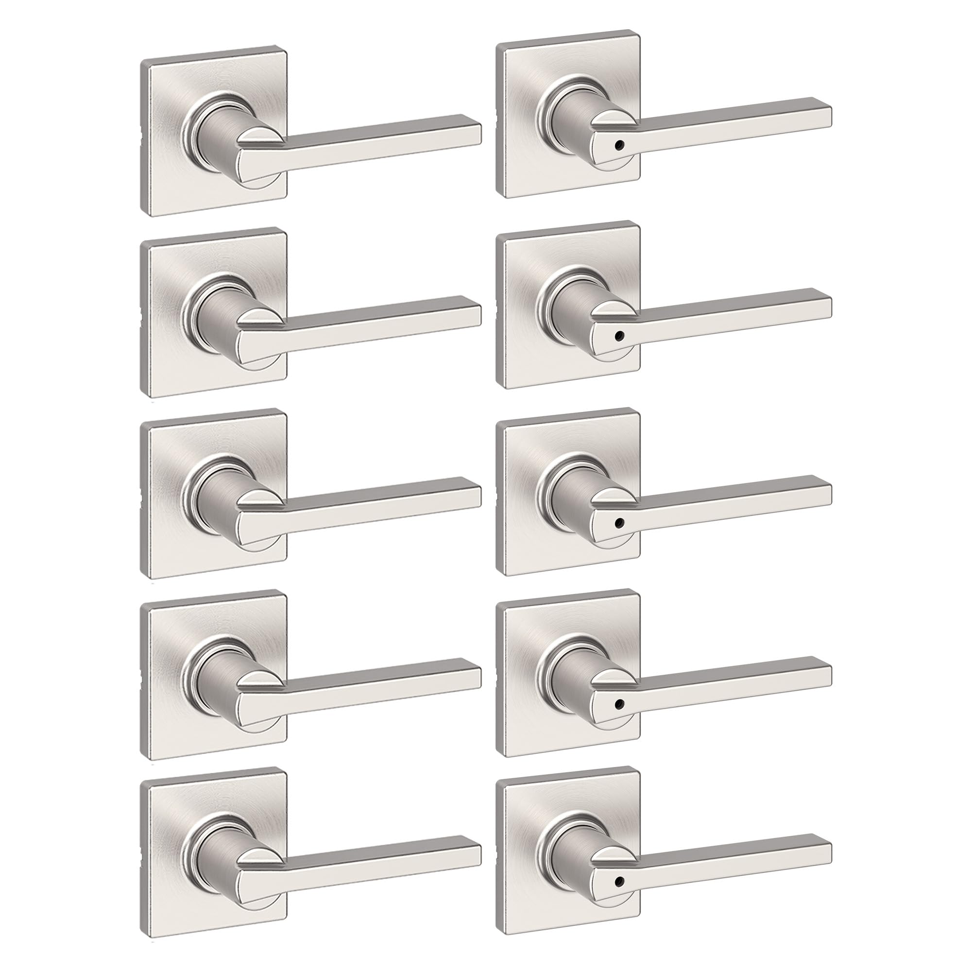 Kwikset Casey Hallway Passage and Bed/Bath Privacy Door Handle 10 Pack, 5 Passage Levers and 5 Privacy Levers, Satin Nickel Reversible Interior Handles with Mircoban Protection