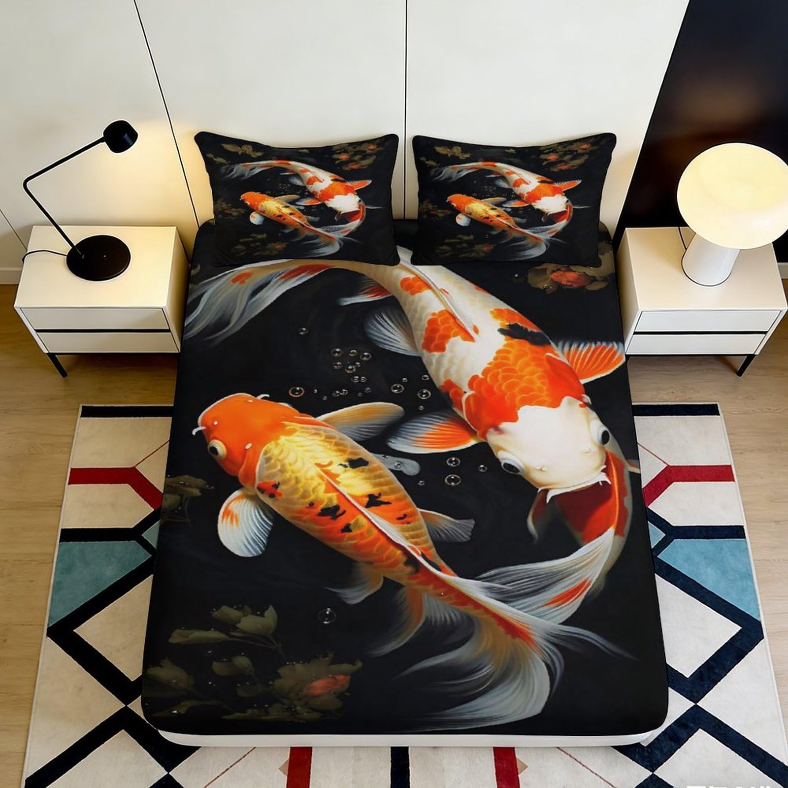 3D Printed Koi Fish Fitted Sheet Microfiber Soft Breathable Carp Bed Cover for Bedroom Dormitory Guest Room Mattress Protection Decor 160x200x25cm