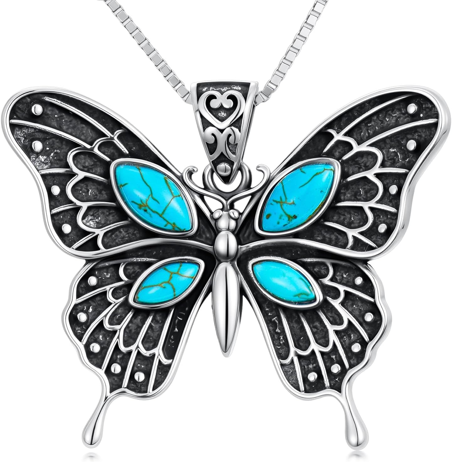Genuine Turquoise Butterfly Necklace, Sterling Silver Vintage Native American Western Boho Gemstone Pendant Jewelry for Women