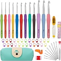 Vista 1 de Juego de ganchos de ganchillo de 12 tamaños, juego de 51 hilos de ganchillo para principiantes, agujas de tejer con asas ergonómicas para manos