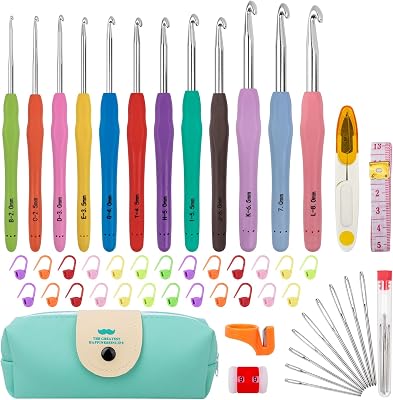 MECHEER Crochet Hooks 12 Sizes Crochet Hook Set, 51 Pack Yarn Crochet Kit for Beginners, Knitting Needles with Ergonomic Handles for Arthritic Hands, Crochet Needle Kit with Blue Case for Crocheters