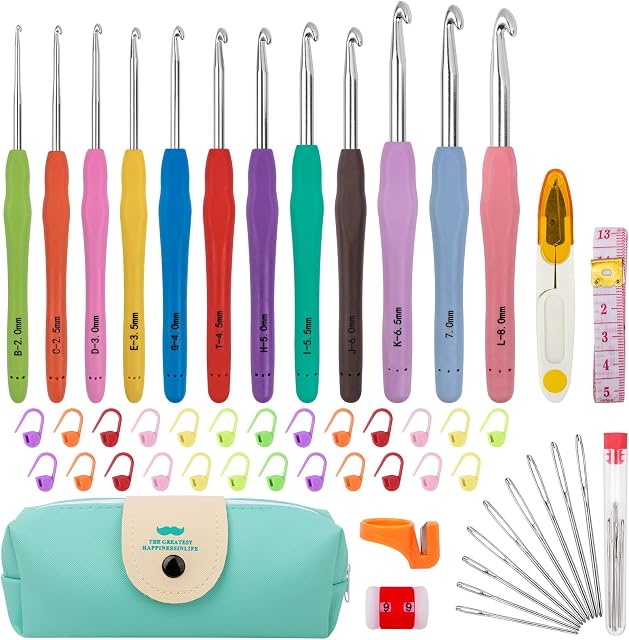 MECHEER Crochet Crochets 12 Tailles Crochet Crochet ensemble, 51 Pack Kit Crochet de fil pour les débutants, Aiguilles de tricot avec poignées ergonomiques pour les mains arthritiques, Kit Aiguille Crochets avec étui bleu pour les crocheteurs