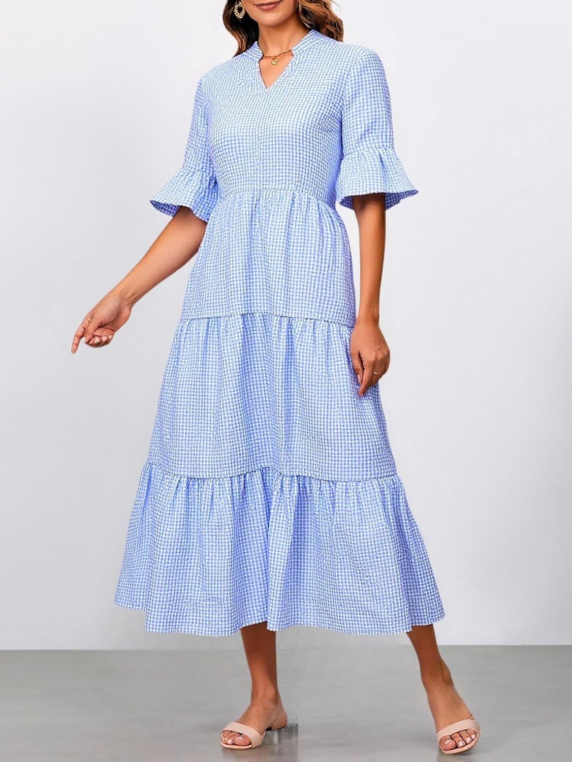 Women's Tiered Ruffle Maxi Dress Summer Plaid Notch V Neck Flowy Babydoll Dresses Vacation Outfits - Image 4