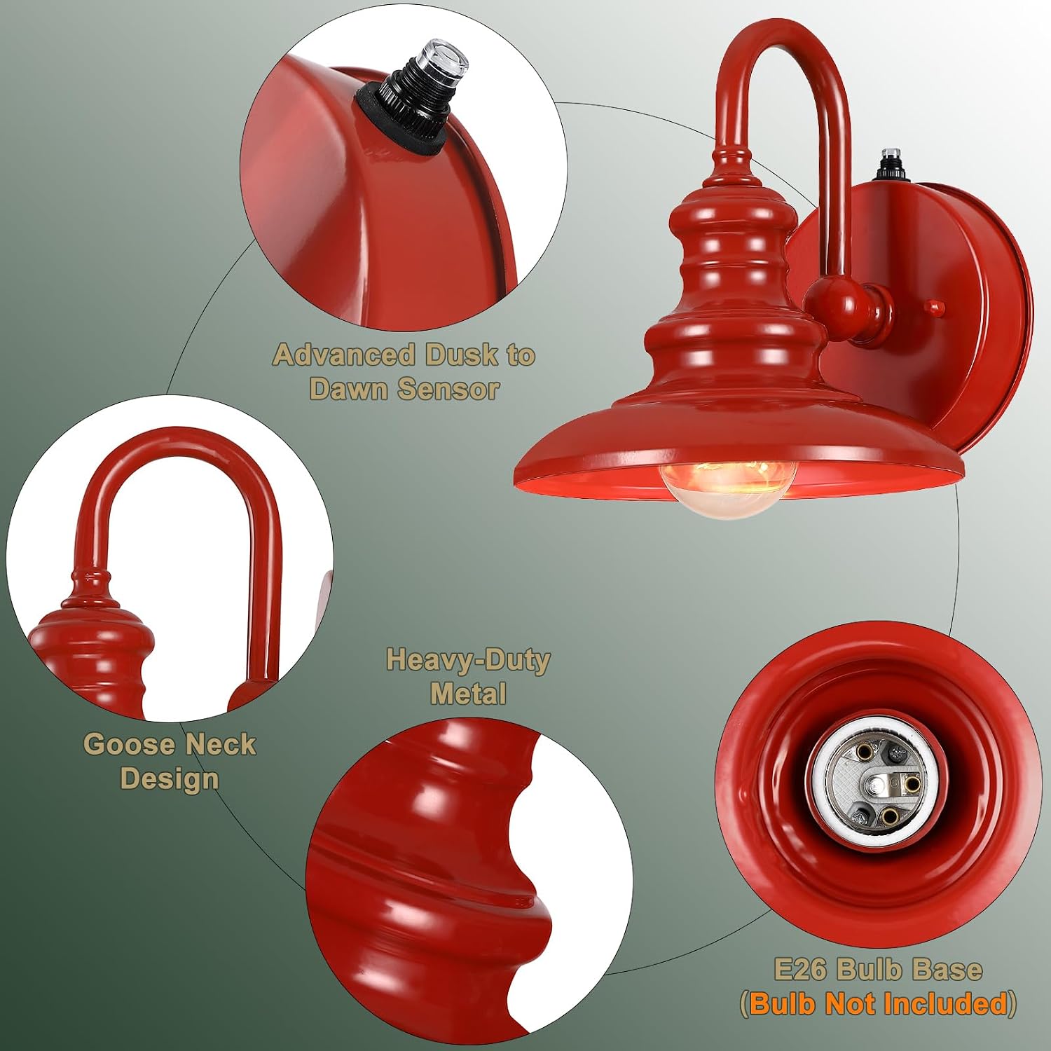 LONEDRUID Dusk to Dawn Sensor Outdoor Gooseneck Barn Light Fixtures Red Exterior Wall Sconce Lighting Rustic Outside Porch Lantern Farmhouse Wall Mount Lamp for House Garage Patio