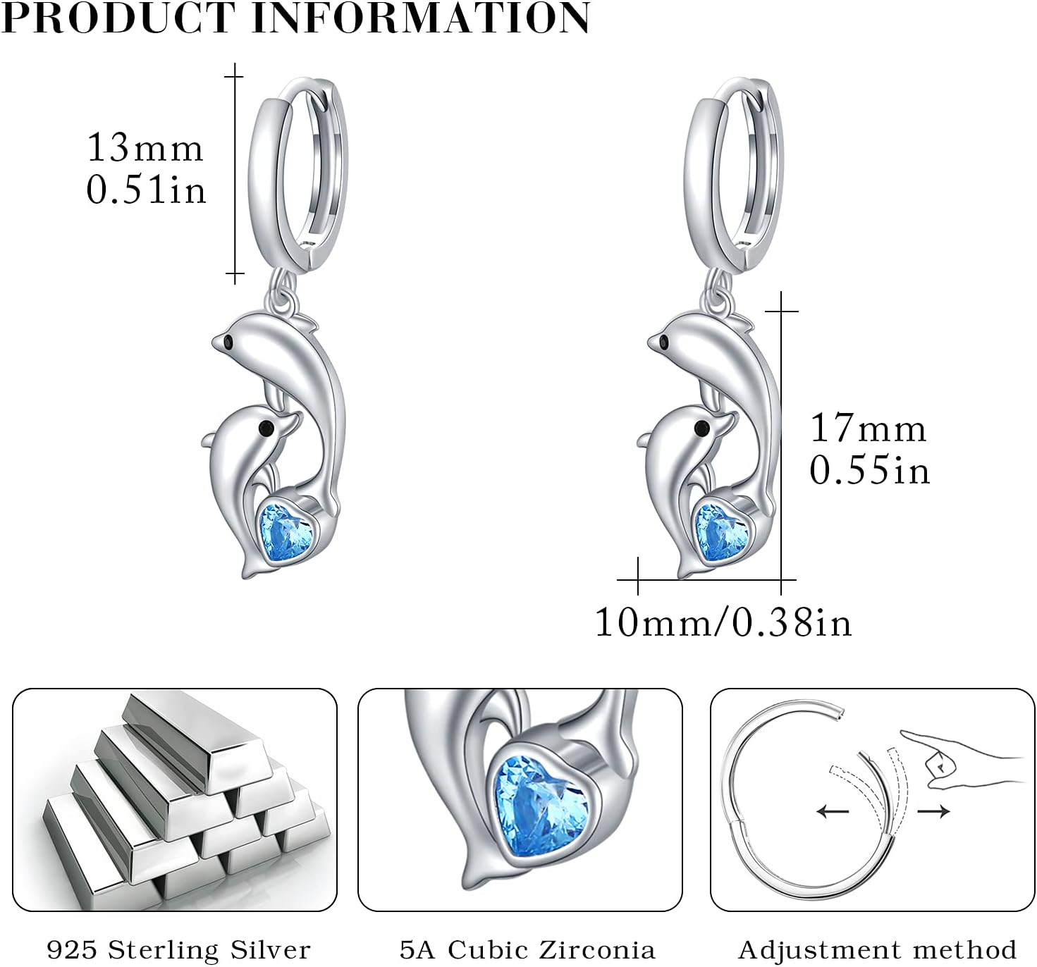 Dolphin Earrings for Women, Sterling Silver with Blue Heart Shaped Crystals Circle Hoop Earrings Ocean Nautical Cute Animal Sailor Drop Earrings for Sensitive Ears Jewelry for Best Friend - Image 5