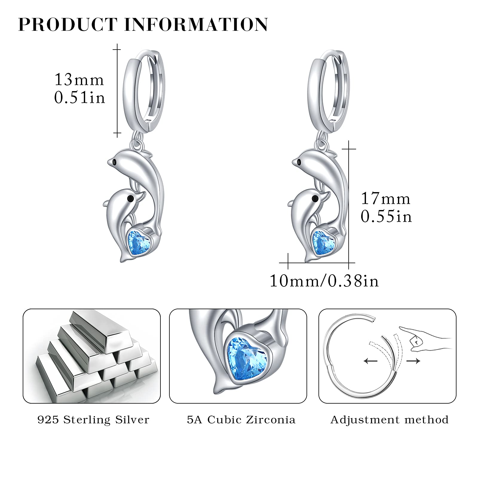 REDSUN Boucles d'oreilles créoles dauphin pour femme en argent sterling 925 avec zircons bleus - Pendentif dauphin - Bijou de Noël pour mère, femme, fille