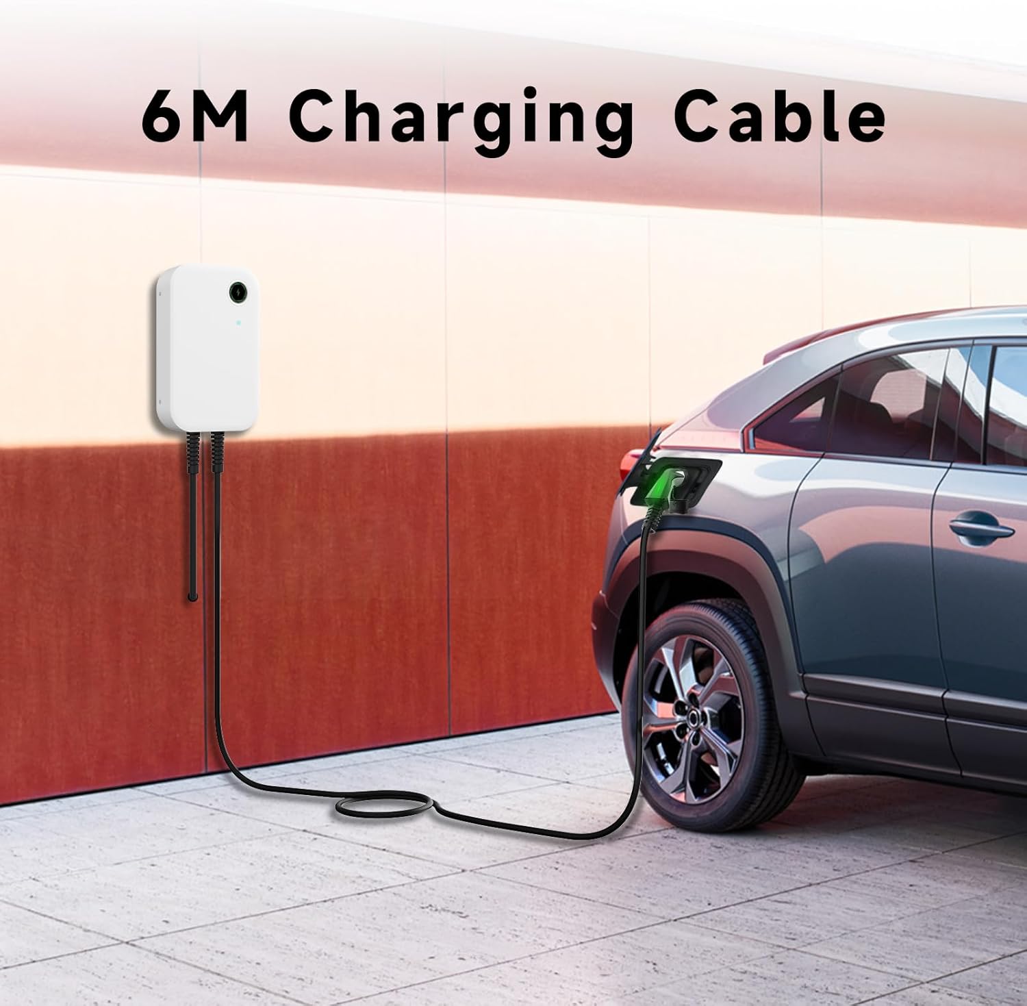 A person plugging the WISSENERGY EV Charger into an electric car in a garage setting.