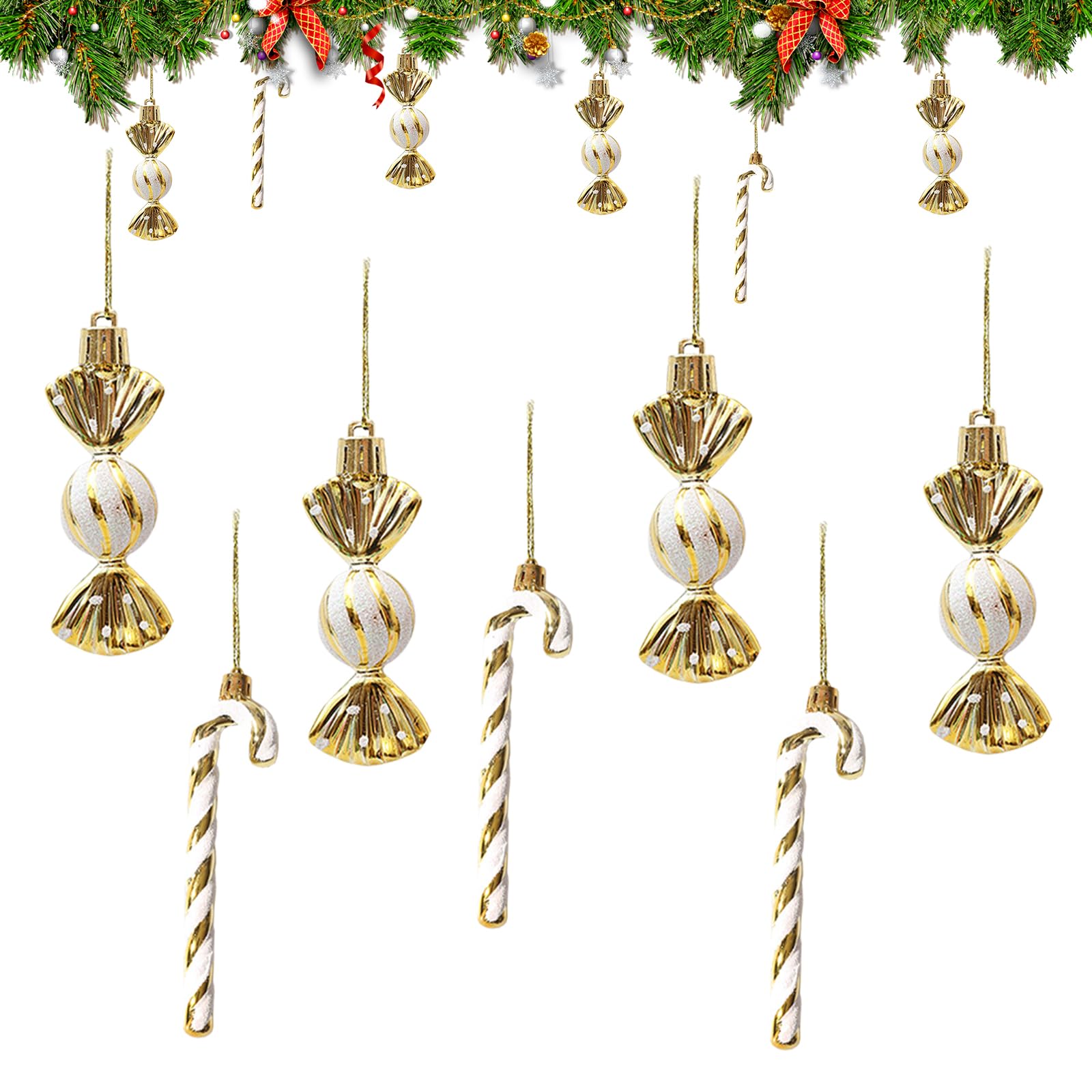 Rongxze 24 Piezas Bastón de Caramelo de Navidad, Oro y Blanco Adornos Navideños de Caramelos, Bastones de Caramelo Adorno con Purpurina para Decoración de Navidad (14CM)