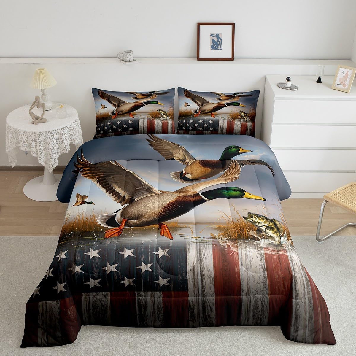 Cabin Deer Bass Fish Comforter Set Full Size,Wild Animals Hunting Theme Bedding Set,Kids Boys Teens Men Room Decor,Camo American Flag Quilt Set Vintage Rustic Jungle Style Duvet Insert,2 Pillowcases