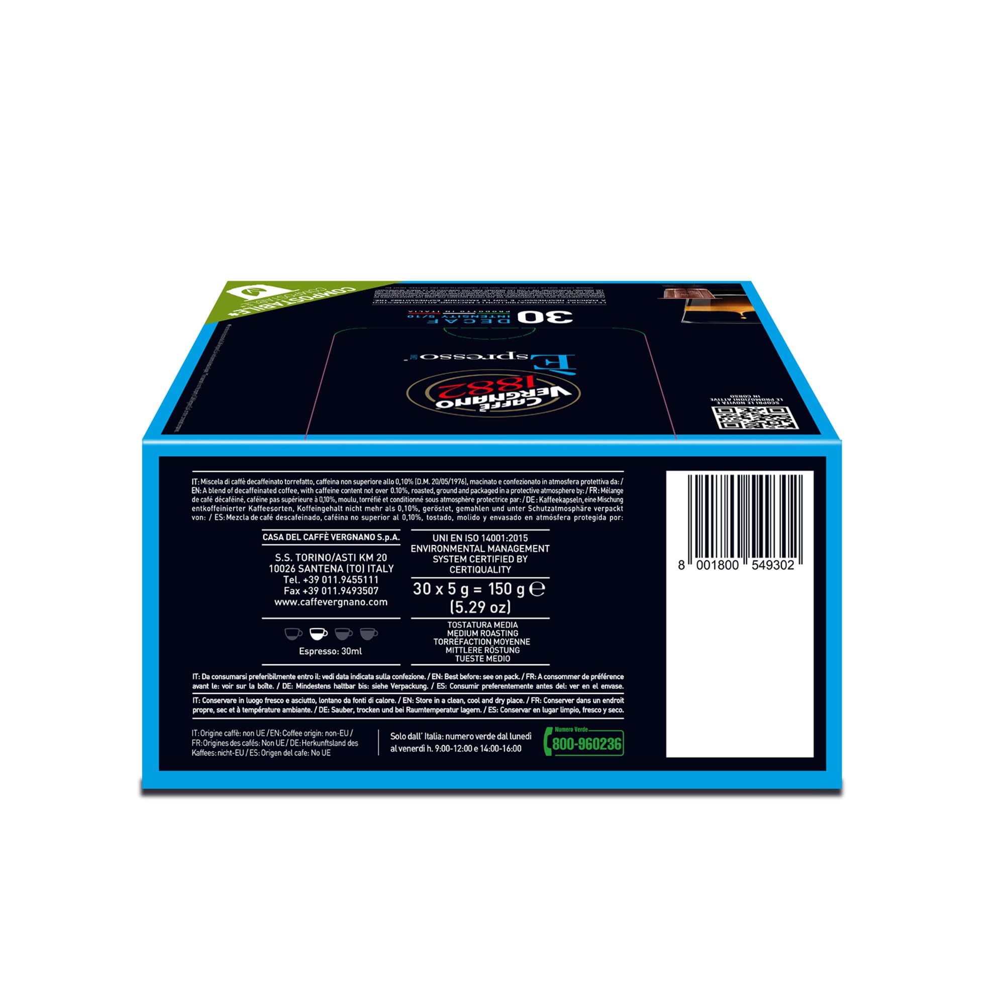 Caffè Vergnano 1882 - 240 Capsule - Caffè Compostabili e Compatibili con Nespresso, Decaffeinato - 8 confezioni da 30 capsule