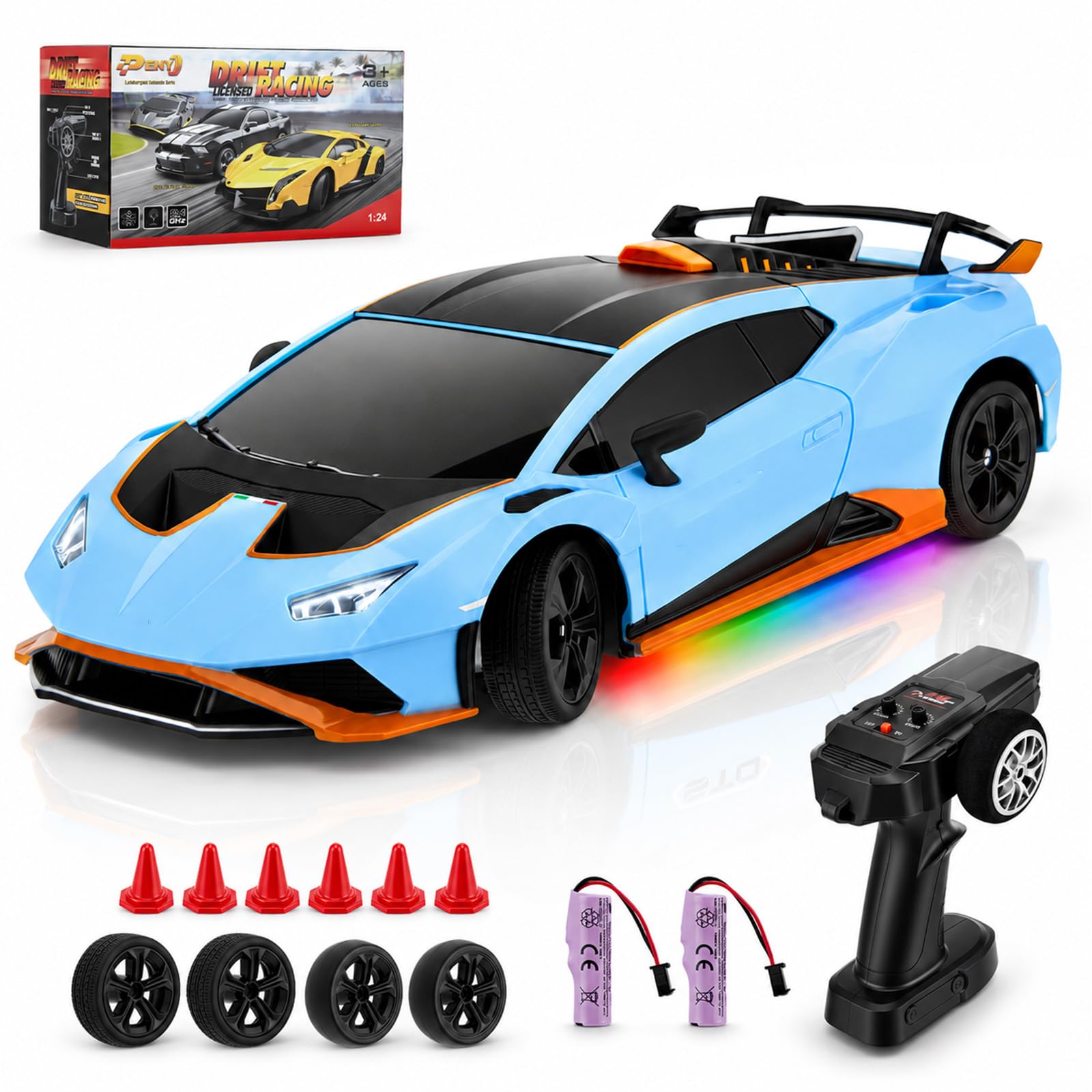 Lamborghini RC Drift Car, 1:24 2.4GHz Remote Control Car with LED Lights for Kids Adults, 4WD High Speed RC Cars with Extra Drifting Tires, 35KM/H Racing with Speed Adjustment for Race, Toy Gift