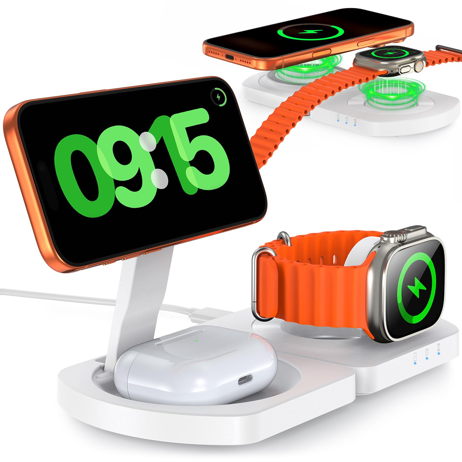Induktive Ladestation für Apple, MagSafe-kompatible iPhone ladegerät für iPhone 17 Air/16/15/14/13/12 Serie, 3-in-1 Wireless Charger für Apple Watch Serie 10–3 und AirPods, Kein Adapter, Weiß