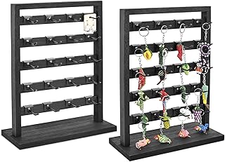 Ikee Design Free Assemble 2 Pcs Set Wooden Jewelry Display Rack with 20 Removable Metal Hooks/Each, Earring Card Display Holder Stand for Necklaces,Bracelet, Keychain Stand, Black Color