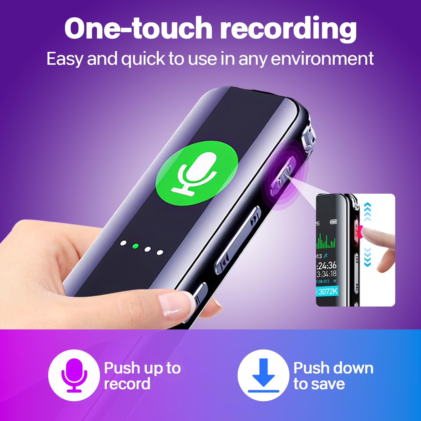 64GB Voice Activated Digital Recorder, 3072Kbps HD Dictaphone with Dual-MIC Noise Reduction, IPS Screen, 100m Range - Image 4
