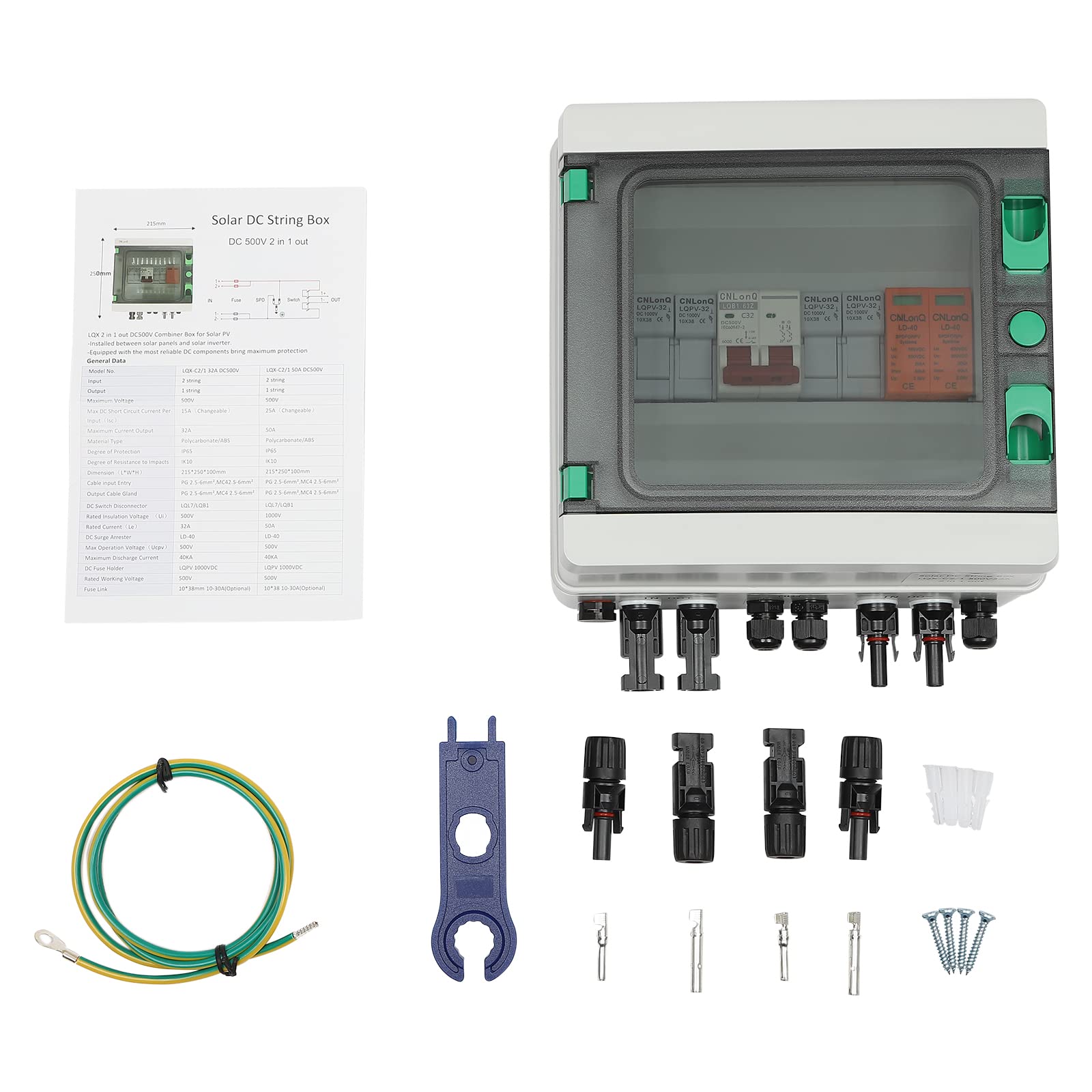 Überspannungsschutz PV - 500V 32A Solar Anschlusskasten 2 in 1 out DC Trennschalter mit Blitzschutz & Überlastschutz Leitungsschutzschalter für Photovoltaik Ein/Aus Raster Solarstromsystem