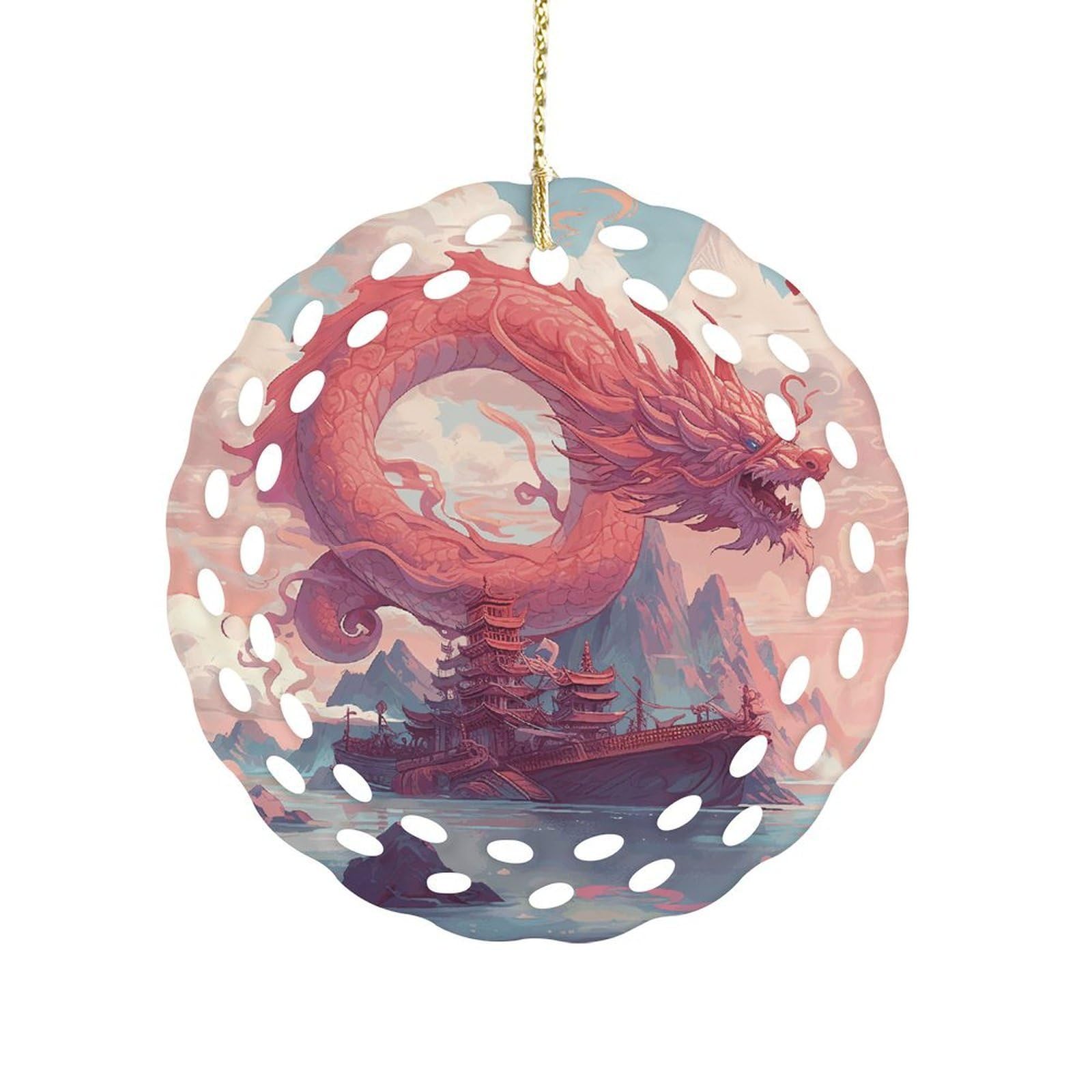 Fodpand Women's Style Dragon And Cloud Ceramic Ornament For Home Decor 3.2" Round Tree Decoration Christmas Ornaments For Men Double-Sided Design