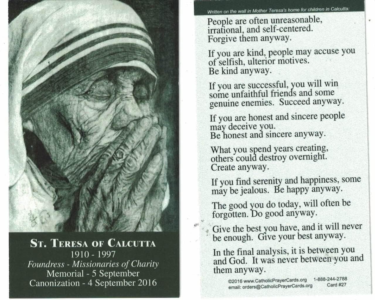 St. Teresa of Calcutta LAMINATED Holy Card (5pack) with