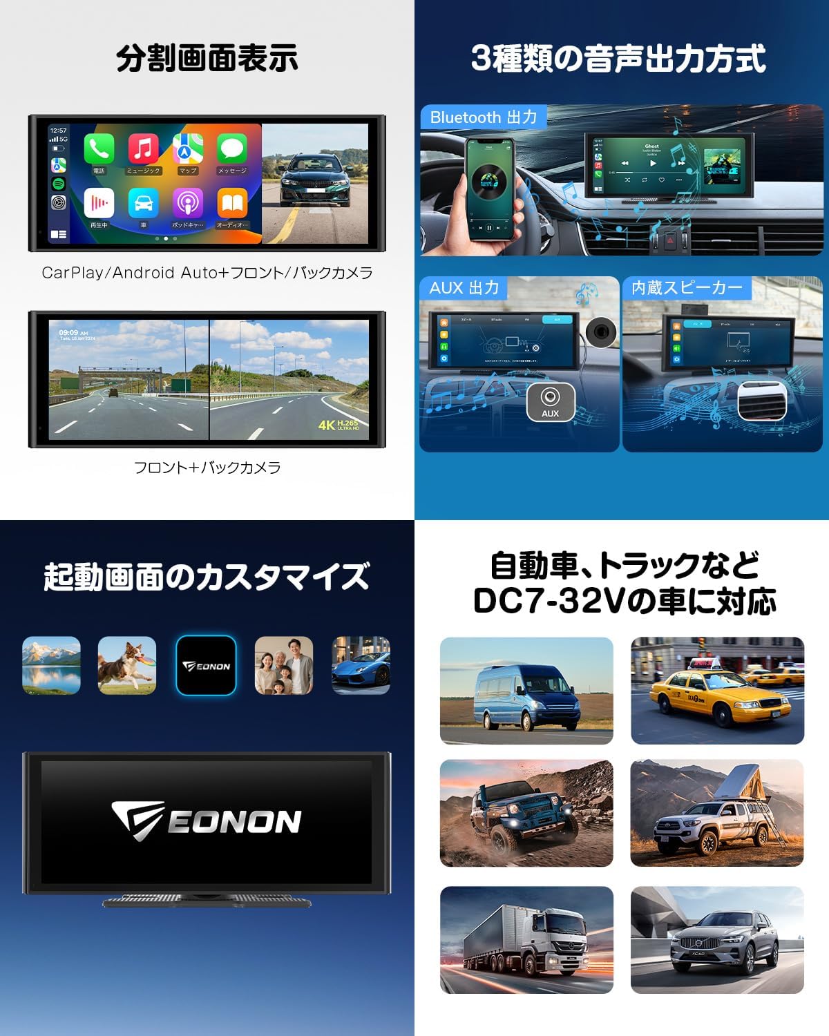 EONON P4J Split Screen, Audio Output, Customization, and Vehicle Compatibility