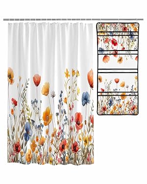 Floral Shower Curtain Mesh Shower Organizer Hanging Set Yellow and Red Poppy Watercolor Plants Waterproof Shower Curtains with