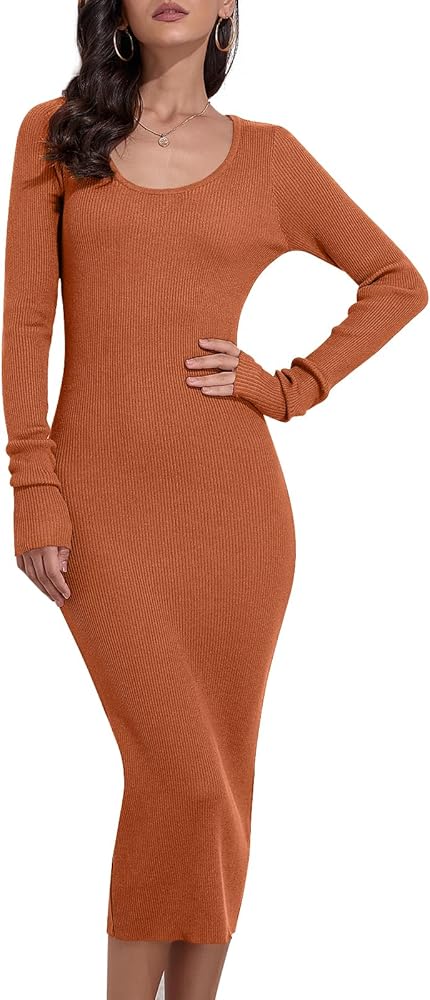 Rocorose Fall Sweater Dress Ribbed Knit Stretchy Long Sleeves Pullover Dress  for Women Tangerine XS at Amazon Women's Clothing store