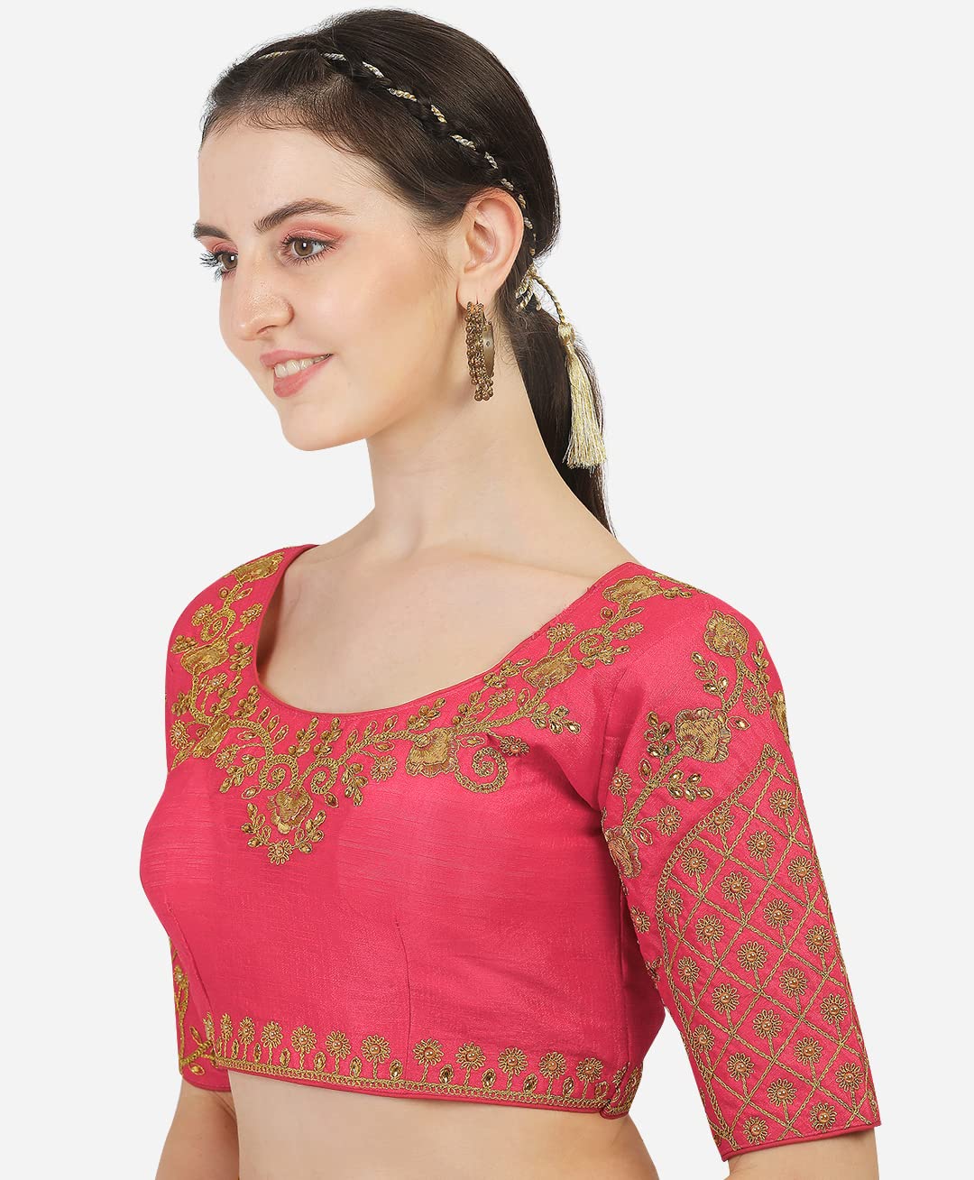 Pujia Mills Women's Embroidery Handwork Thread Zari Stone Work Readymade Blouse (36, Gajari)