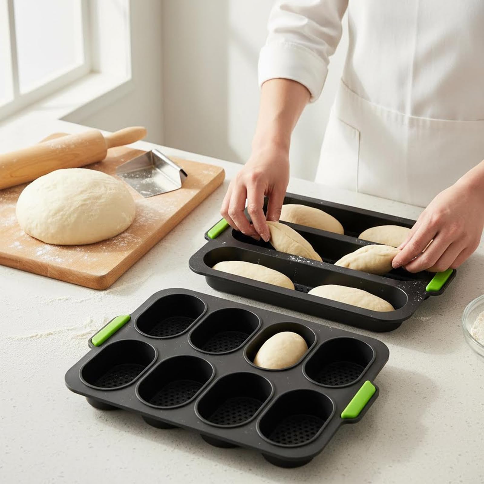 TOPZEA Set mit 2 Silikon-Baguette-Pfannen, antihaftbeschichtet, französische Brotform, perforierte Form, 3 Wellen, Brot, Toast, Backform, 8 Rinnen, Crisping Tray für Kuchen, Kochen, Bäcker, schwarz