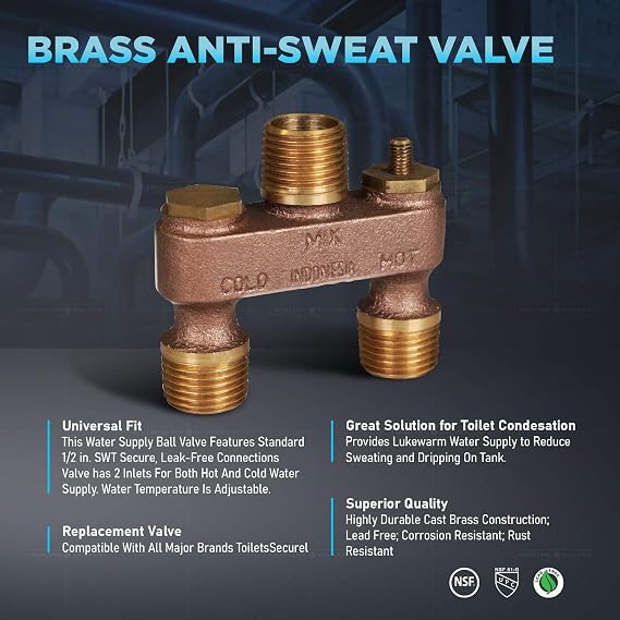Midline Valve S1290 Anti-Sweat Toilet Tank Valve; 1/2 in. SWT Connections; Brass