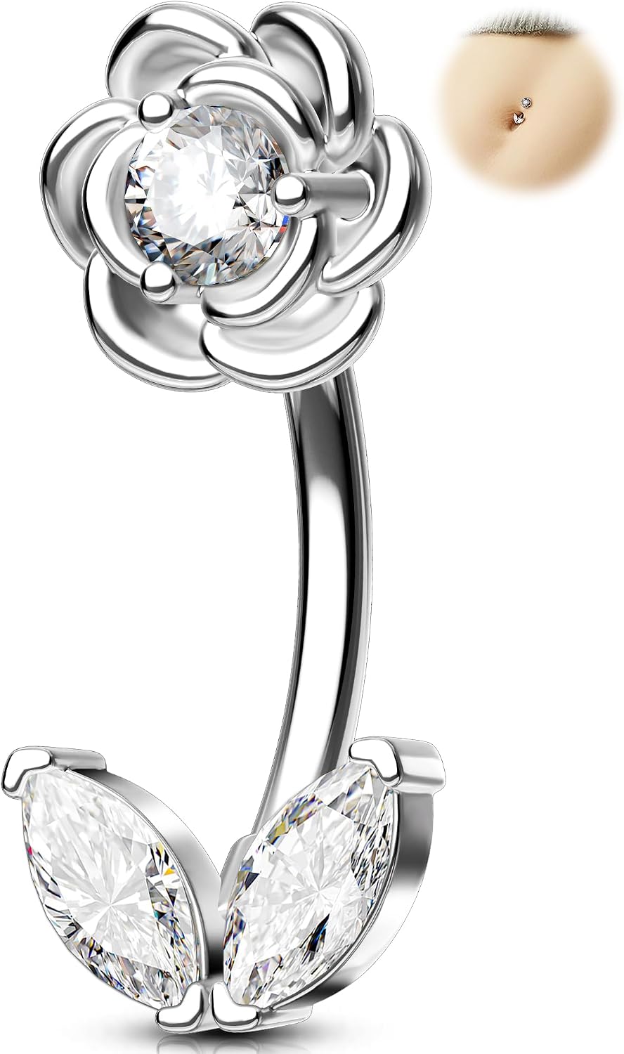 Melighting 14G Flower Belly Button Ring, 316L Surgical Steel Marquise CZ Belly Rings, Gold Navel Piercing Barbell, 10 mm Silver Body Jewellery for Women