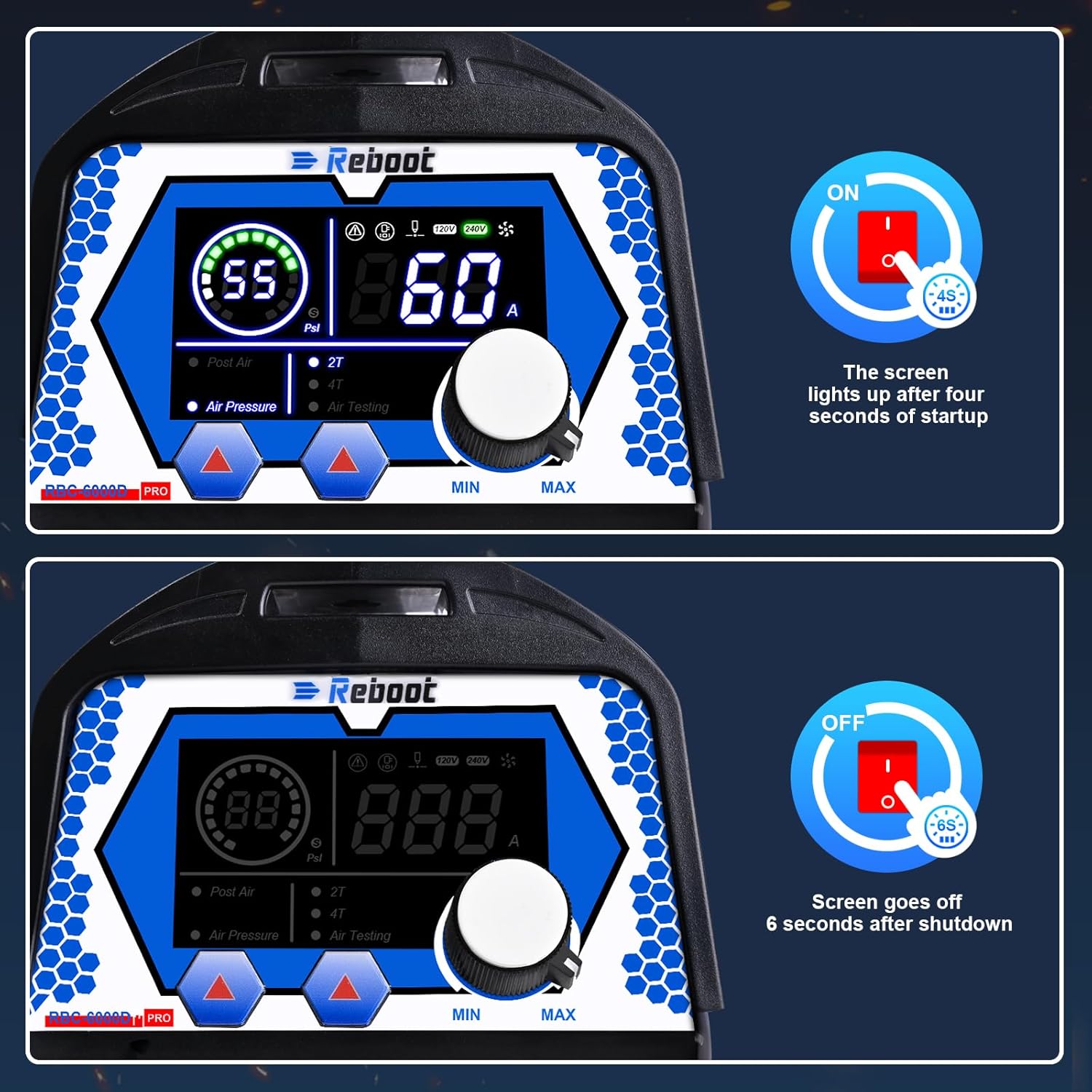 Plasma cutter digital screen startup and shutdown sequence