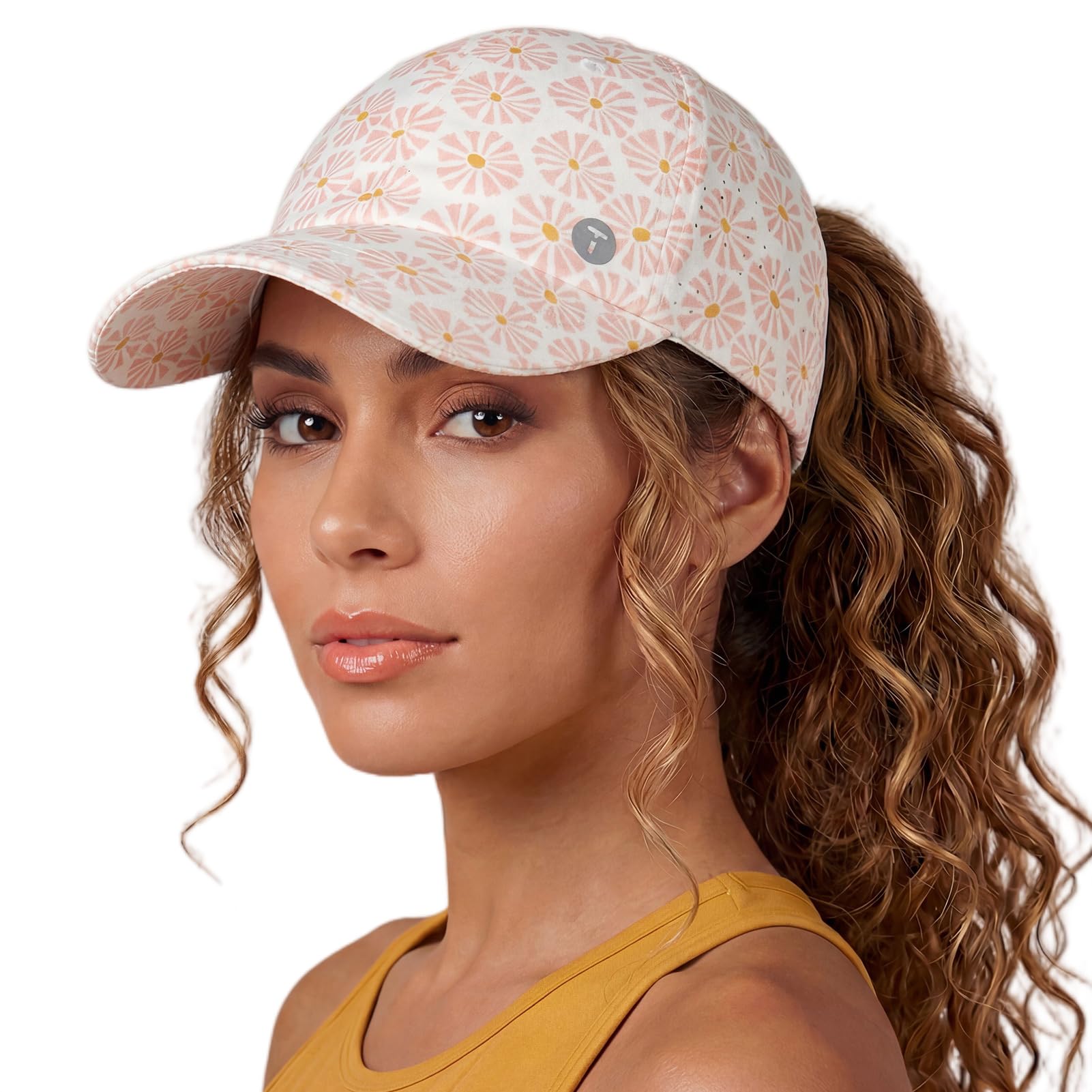 TOP-EX Womens Cooling High Ponytail Hole Baseball Cap Summer UV Protection Sun Hat for Running Walking Golf Tennis Lightweight Foldable Daisy Coral S/M