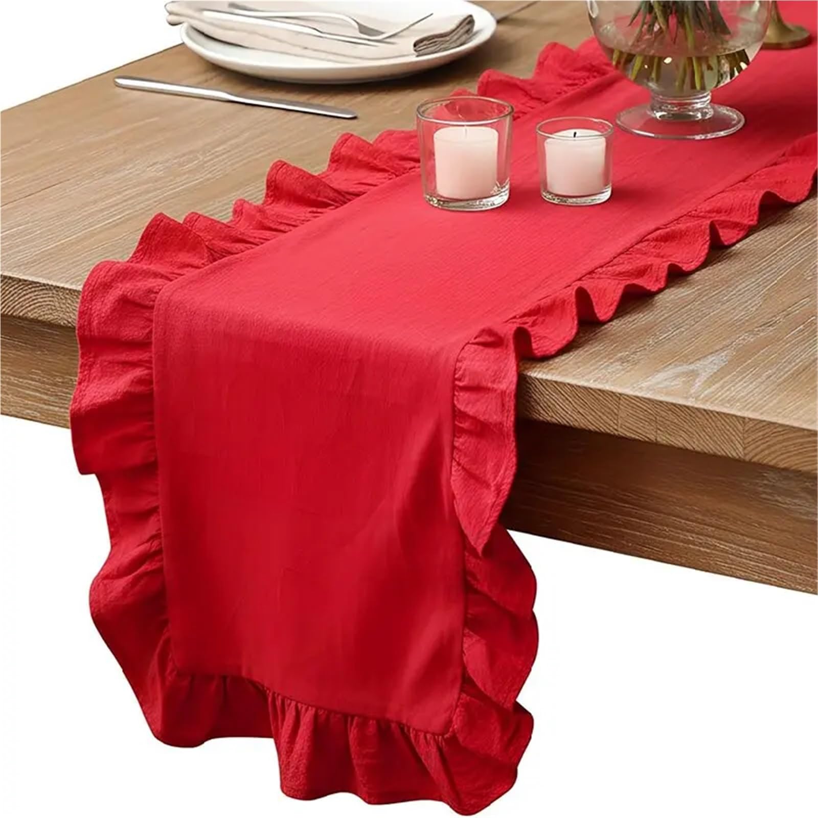 Camino de Mesa de Gasa Christmas Table Runner Washed Cotton Ruffled Home Decorations For Farmhouse Rustic Wedding Bride(Wine Red,35X160CM 1pc)