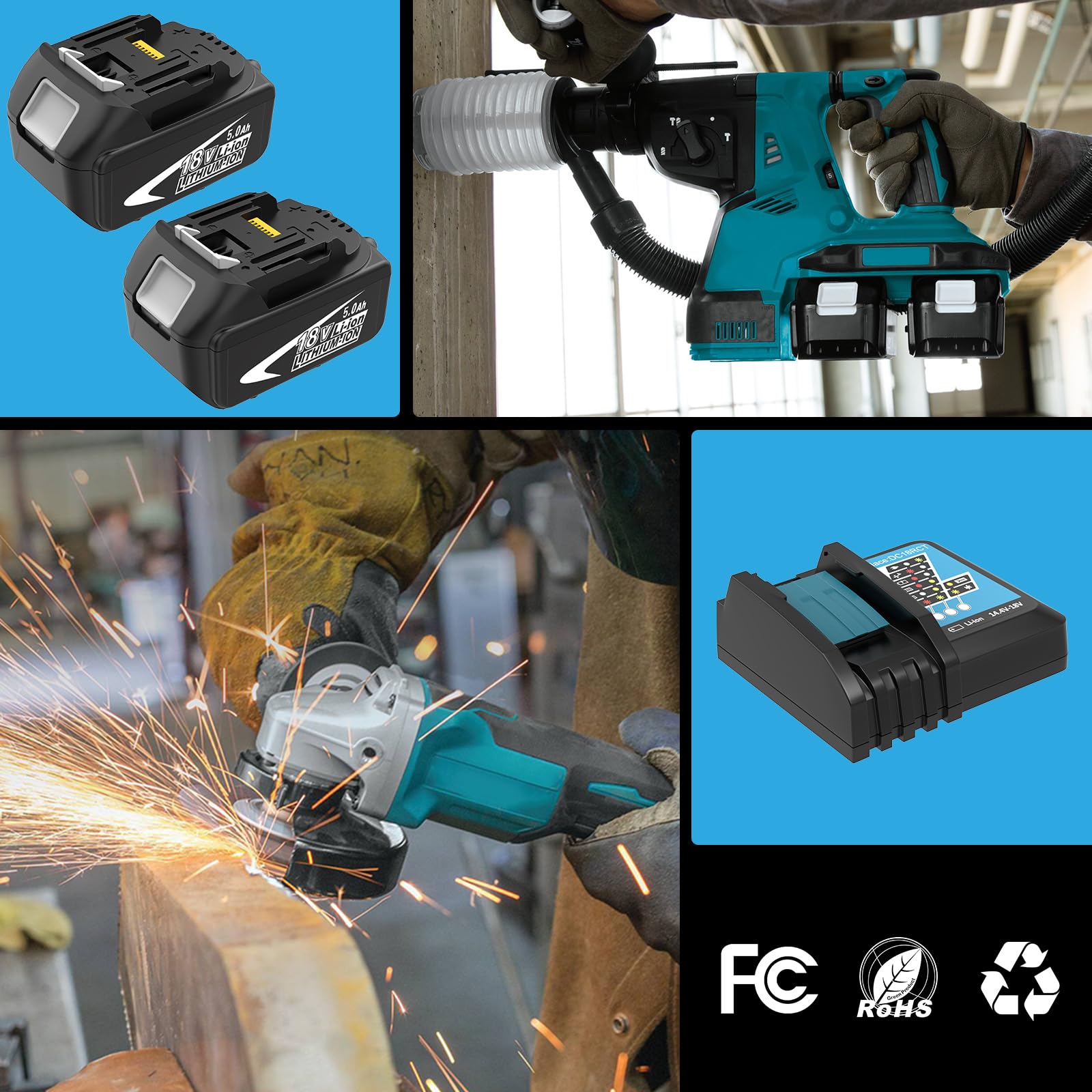 2X Repuesto BL1850B 18V 5,0Ah para Maki-TA Herramientas 18V Compatibles con el Cargador 3A DC18RCT BL1860B BL1840B BL1835B BL1850BB BL1845B BL1860 BL1850 y 194205-3 LXT-400 con Herramienta LED