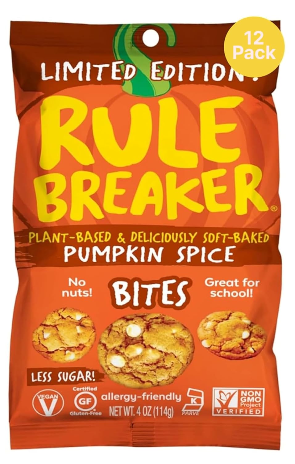 Rule Breaker Vegan & Gluten-Free Cookies | Pumpkin Spice Bites | Plant-Based, Dairy, Nut, Soy, Allergen Free, Kosher | Soft-Baked School Snacks for Kids and Adults | Better-For-You Bites (Pack of 12)