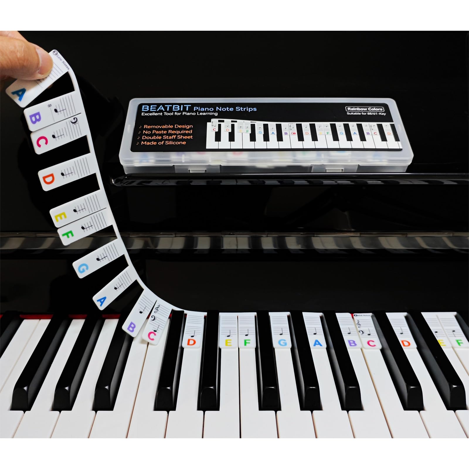 Piano Notes Guide for Beginner, Removable Piano Keyboard Note Labels for Learning, 88-Key Full Size, Made of Silicone, No Need Stickers, Reusable and Comes with Box (Rainbow Colors）