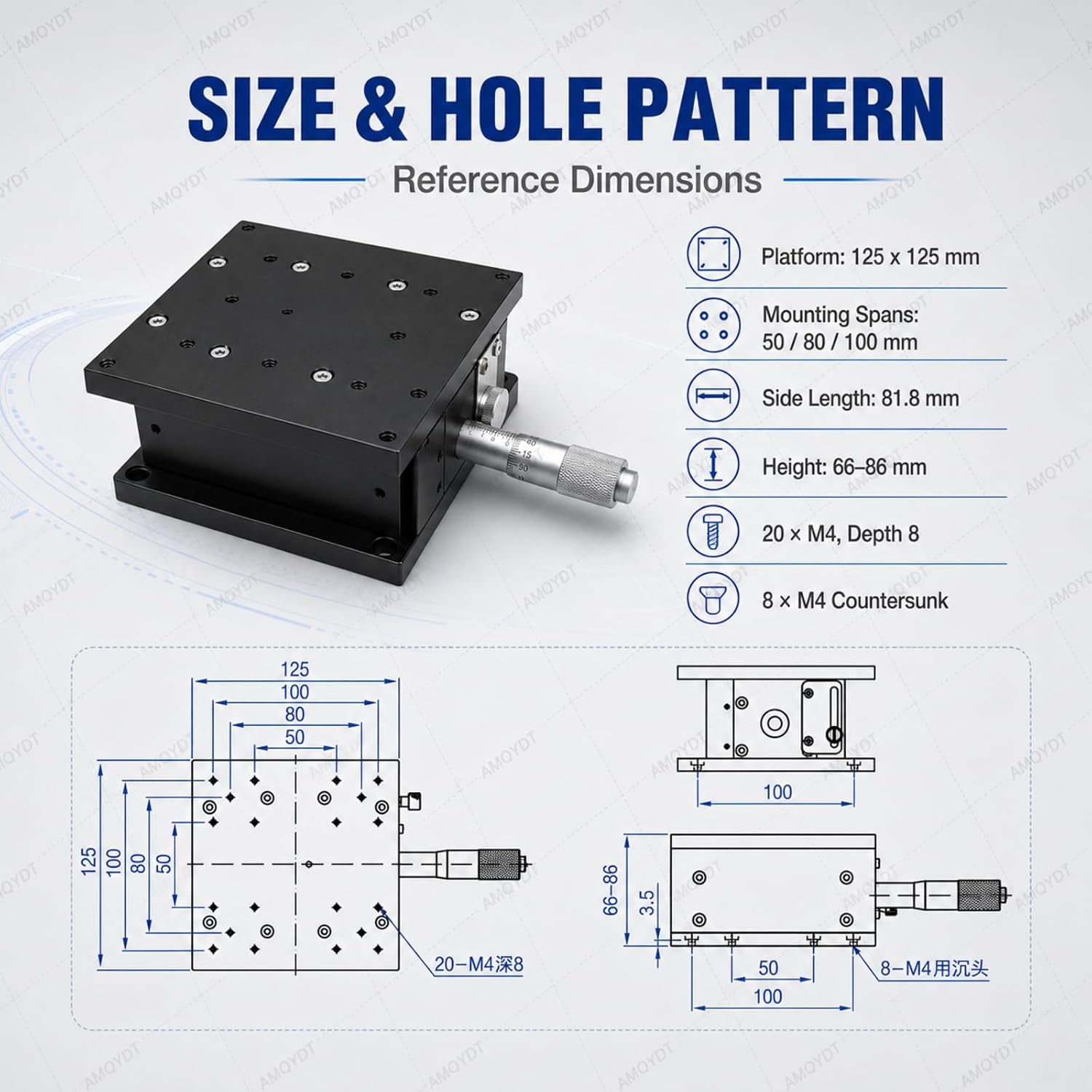 Z-Axis Precision Elevation Stage, Z Micrometer Manual Linear Translation Stage 125x125mm with Micrometer Adjustment, for Microscope Positioning, Laboratory Equipment and Industrial Inspection