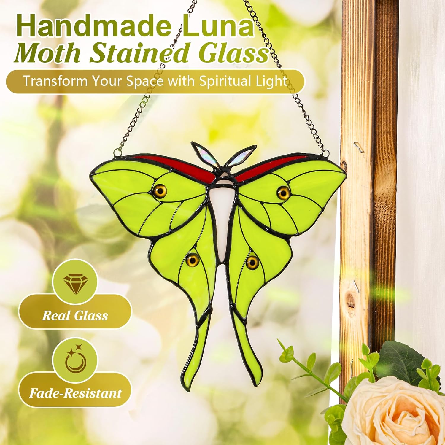 Luna Moth Stained Glass Window Hanging - Handmade Real Glass Suncatcher for Meditation Room, Spiritual Decor, Sun Catcher for Windows, Vibrant Gift for Women & Mom, 7.3 Inch Glass Art (Green02) - Image 2