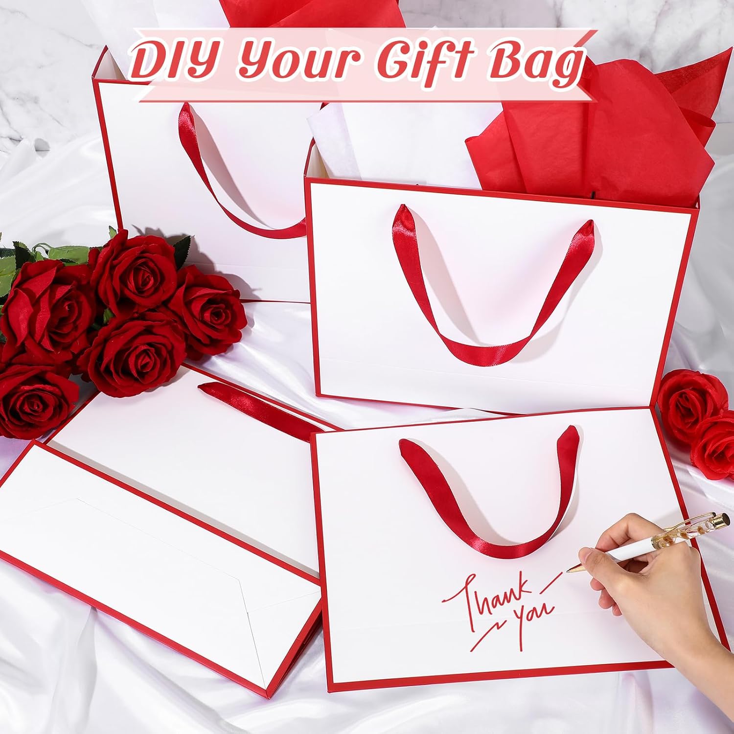 ReliThick 12 Pack Metallic Paper Gift Bag with Handles and Tissue Paper 11.8 x 10 x 4'' Thank You Favor Bag for Graduation Mother's Day Wedding Bridesmaid Groomsman 5 Senses Gifts (White,Red)