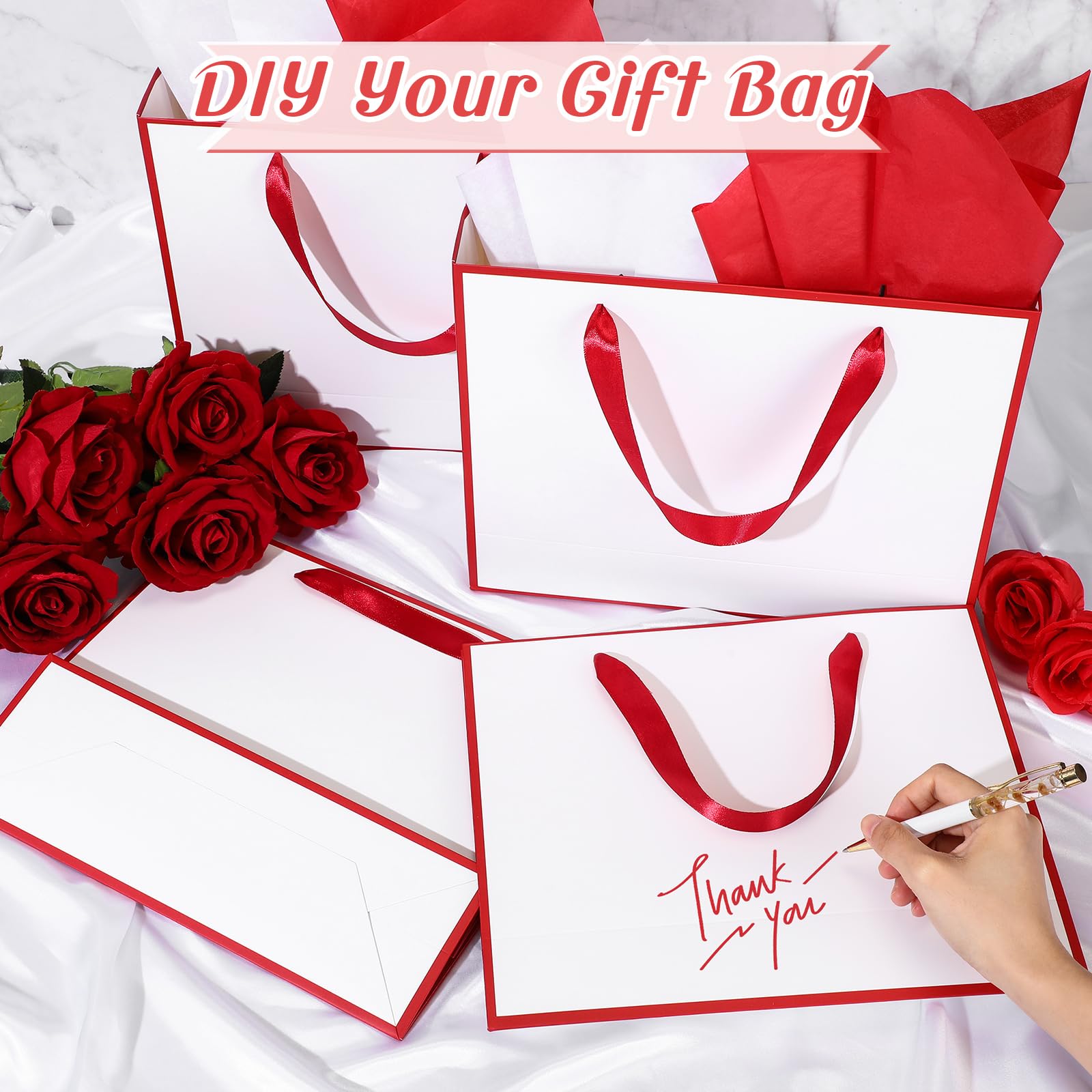 ReliThick 12 Pack Metallic Paper Gift Bag with Handles and Tissue Paper 11.8 x 10 x 4'' Thank You Favor Bag for Graduation Mother's Day Wedding Bridesmaid Groomsman 5 Senses Gifts (White,Red)