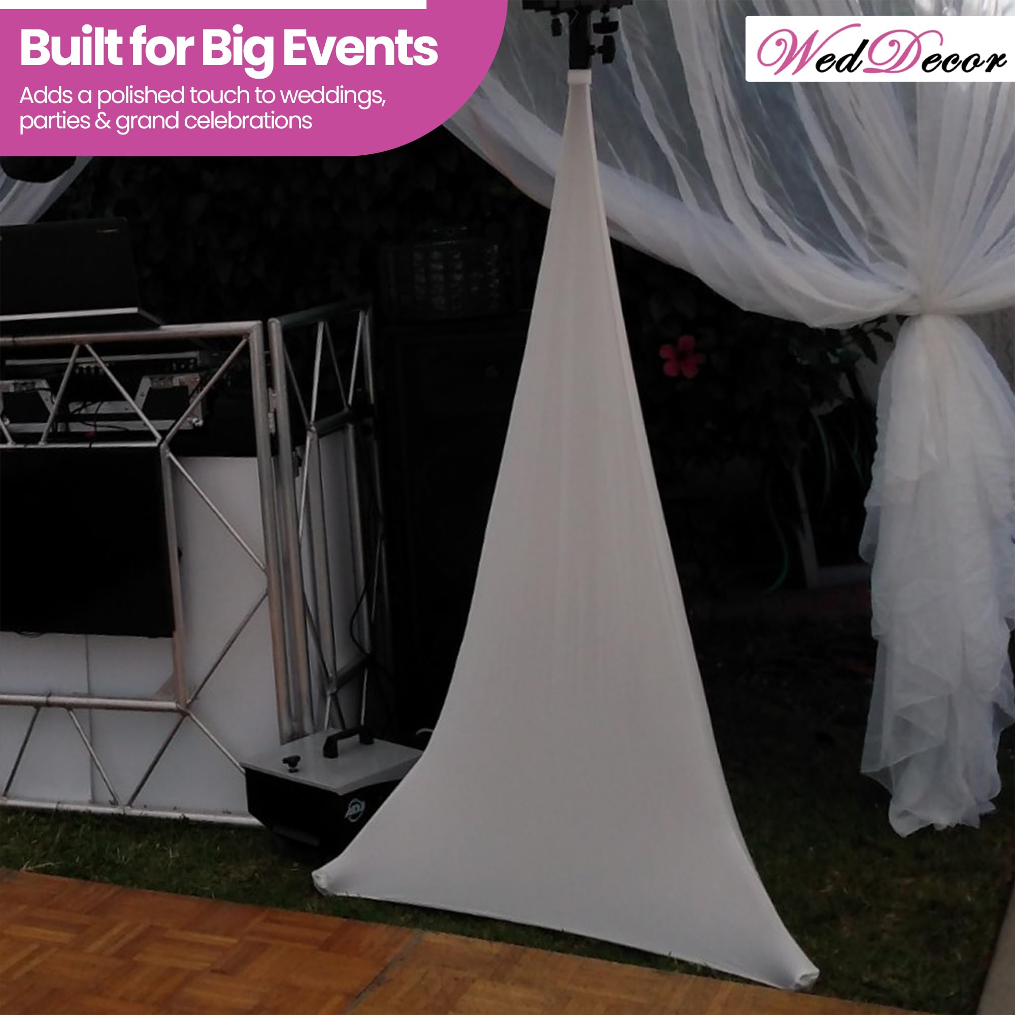 WedDecor Cubierta de soporte para altavoz de DJ con trípode elástico de una sola cara para bodas, banquetes, cumpleaños, recepción, fiestas, eventos especiales, lavable, 10 unidades